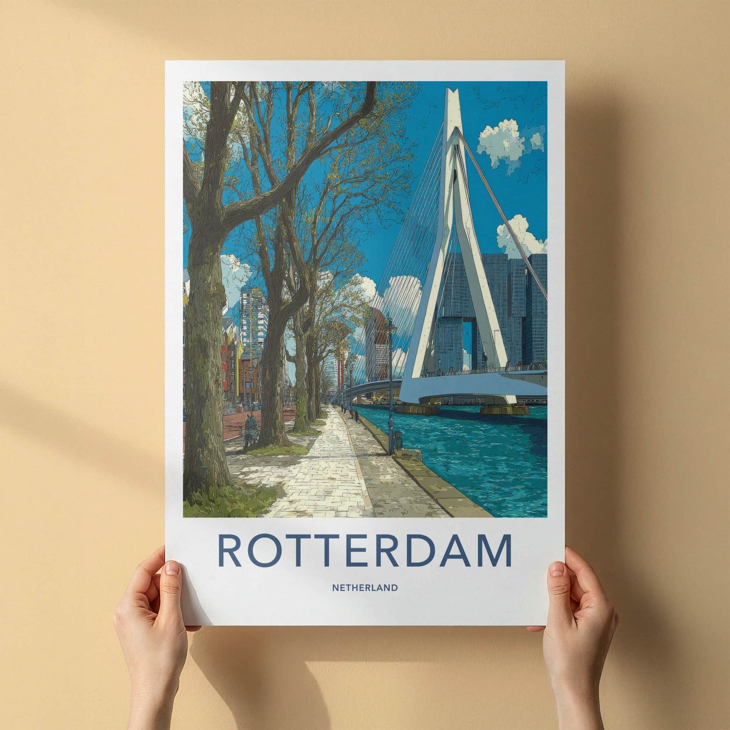 Rotterdam Poster - Netherlands Travel Art - Erasmus Bridge River Home Decor