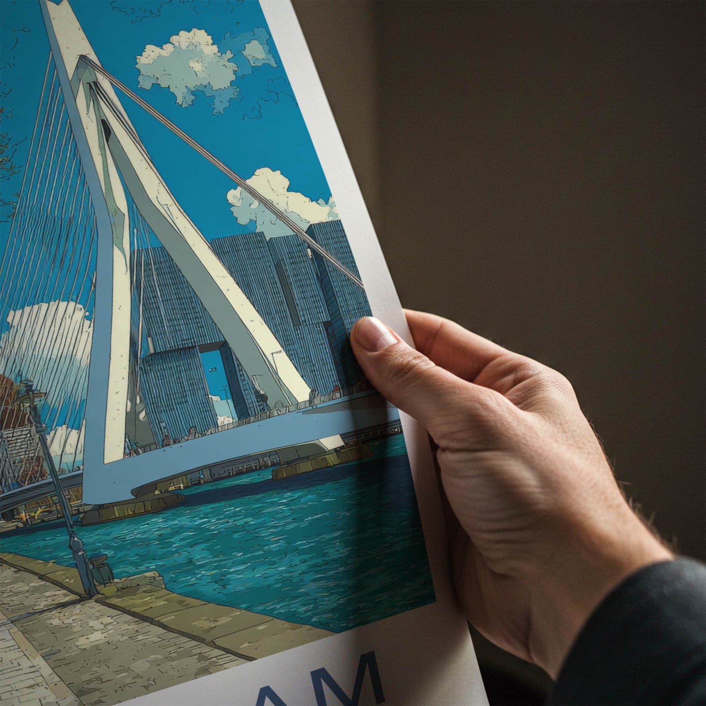 Rotterdam Poster - Netherlands Travel Art - Erasmus Bridge River Home Decor