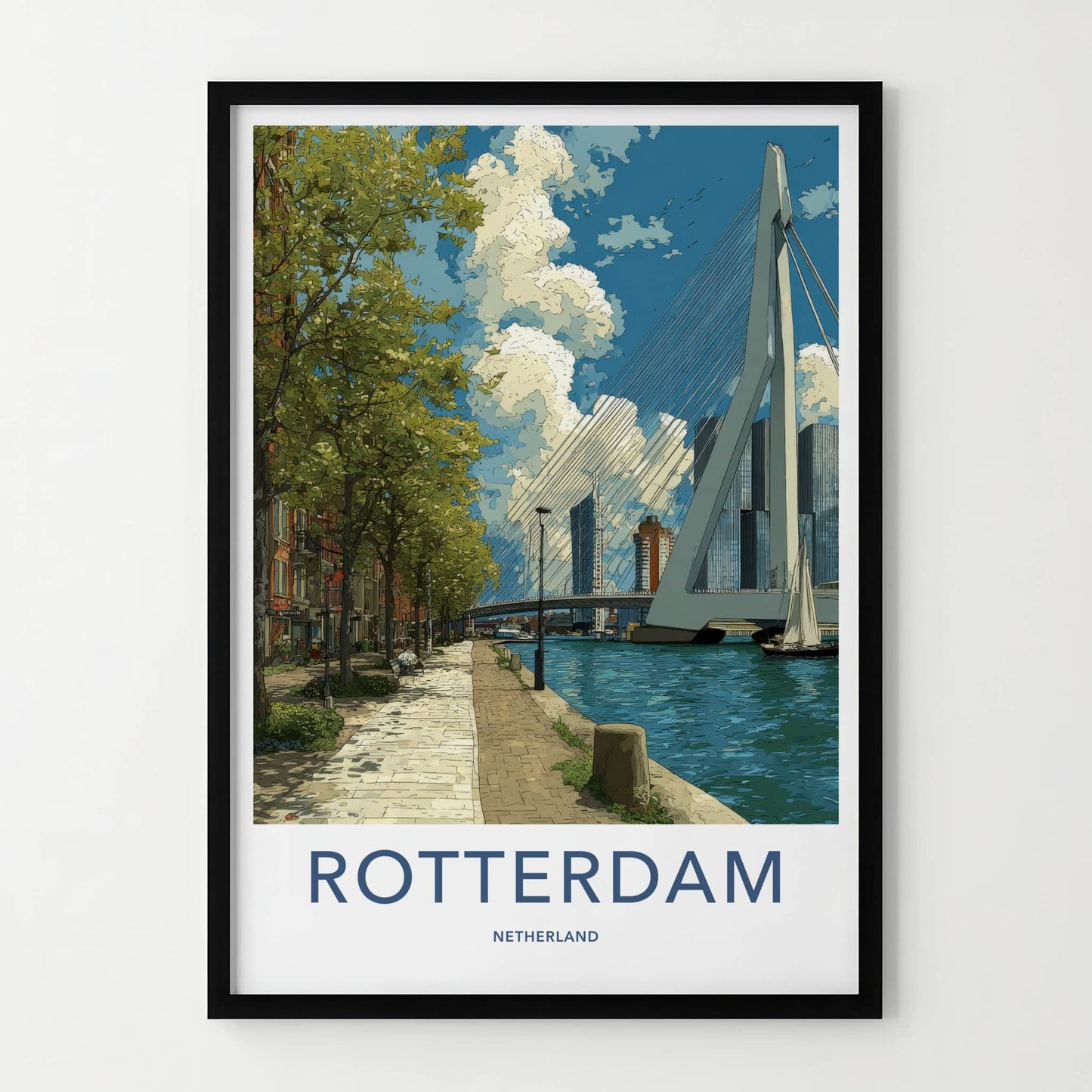 Rotterdam Poster - Netherlands Travel Art - Erasmus Bridge Waterside Home Decor