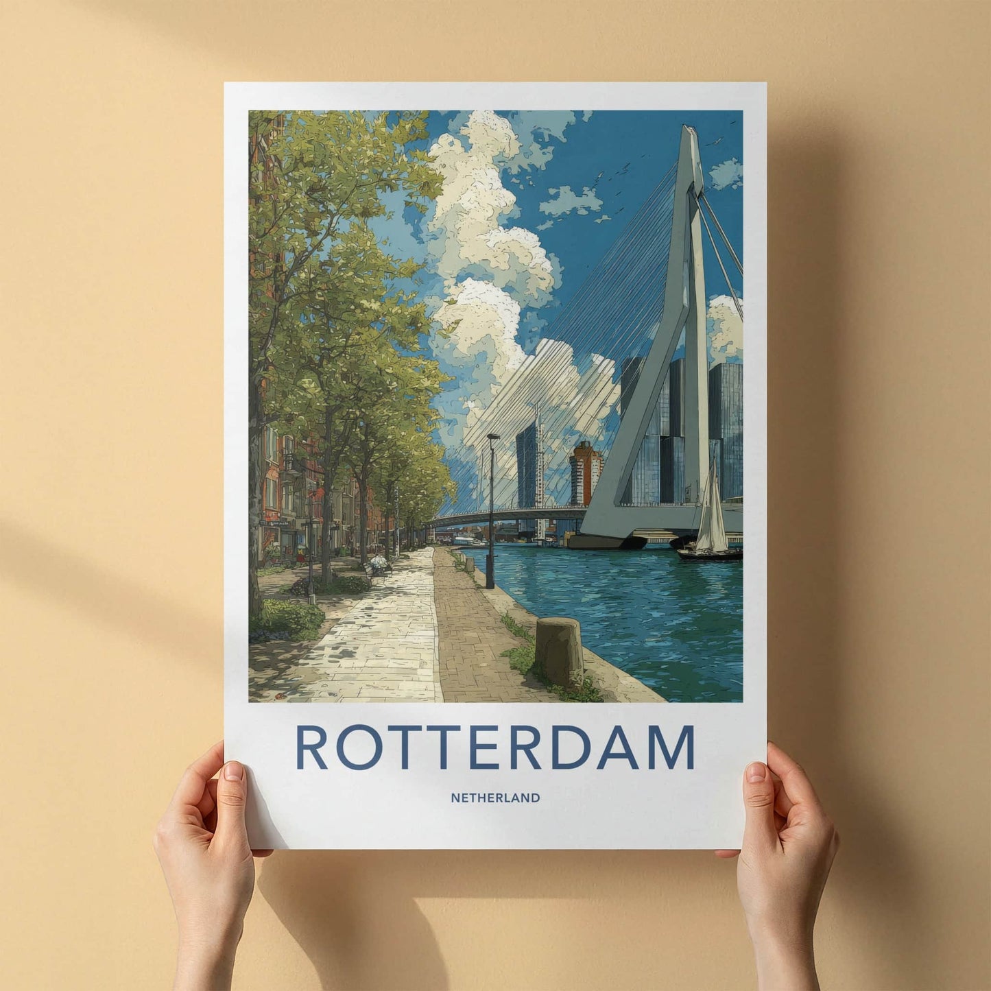 Rotterdam Poster - Netherlands Travel Art - Erasmus Bridge Waterside Home Decor