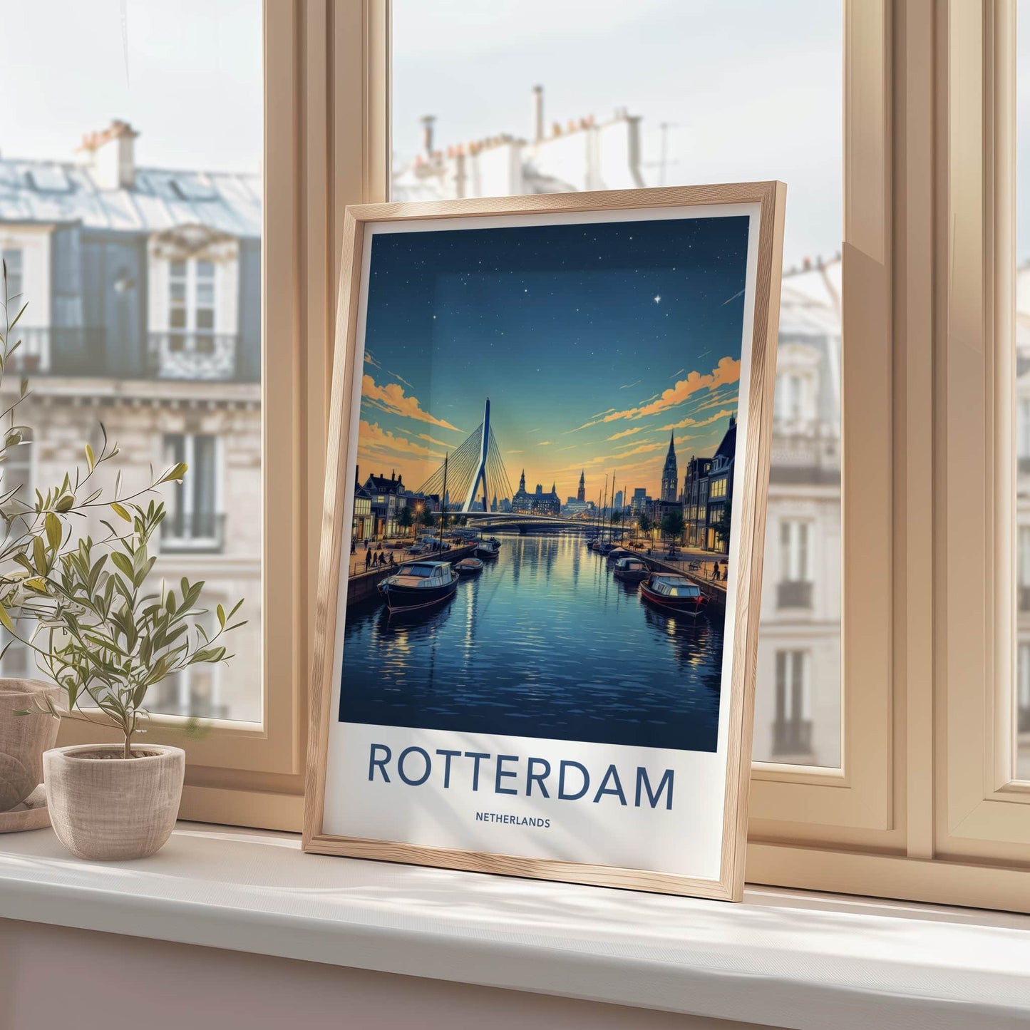 Rotterdam Poster - Netherlands Travel Art - Illuminated City Bridge Home Decor
