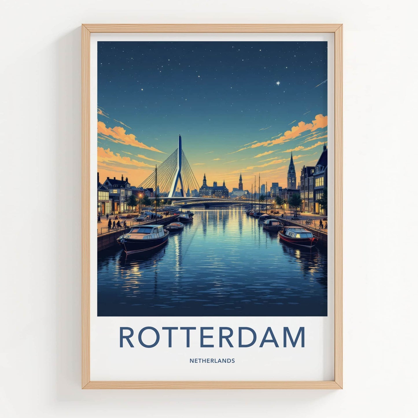 Rotterdam Poster - Netherlands Travel Art - Illuminated City Bridge Home Decor