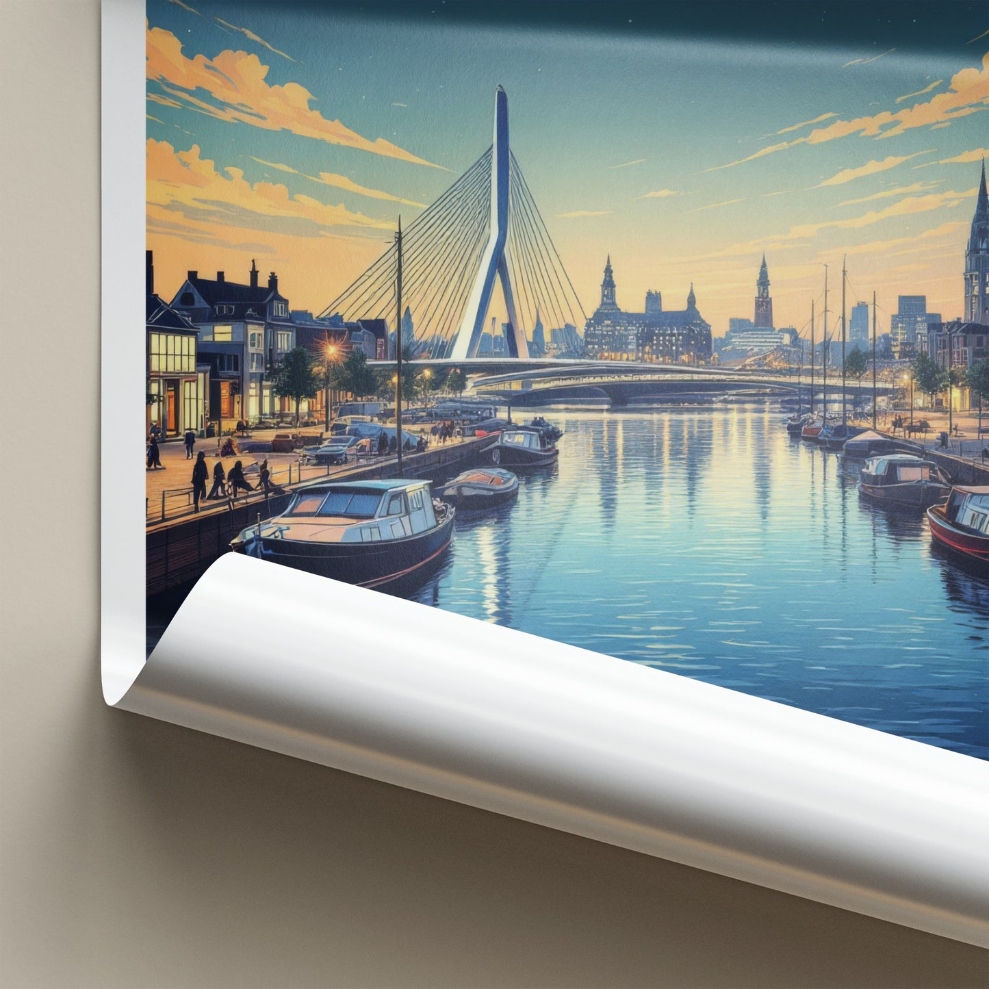 Rotterdam Poster - Netherlands Travel Art - Illuminated City Bridge Home Decor