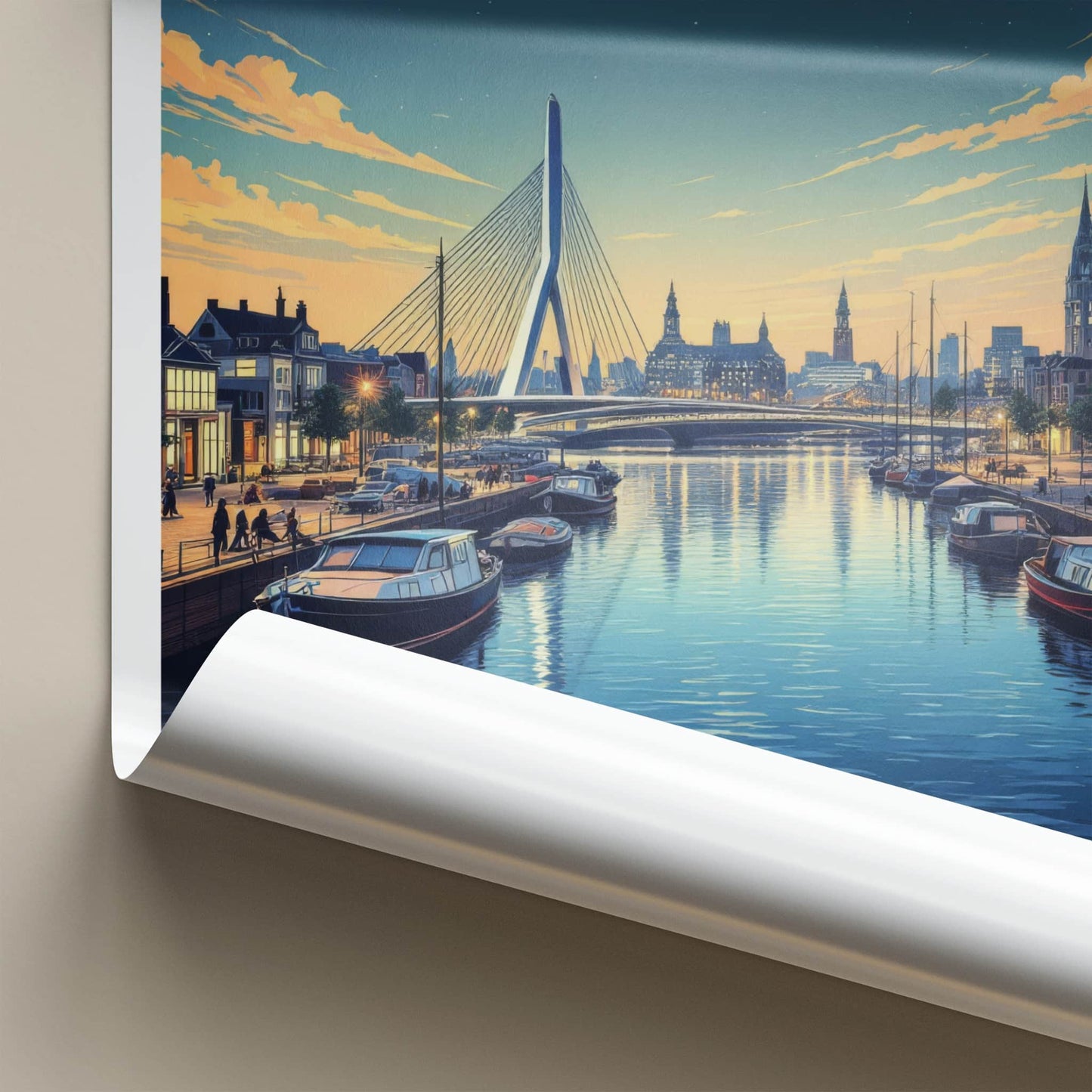 Rotterdam Poster - Netherlands Travel Art - Illuminated City Bridge Home Decor