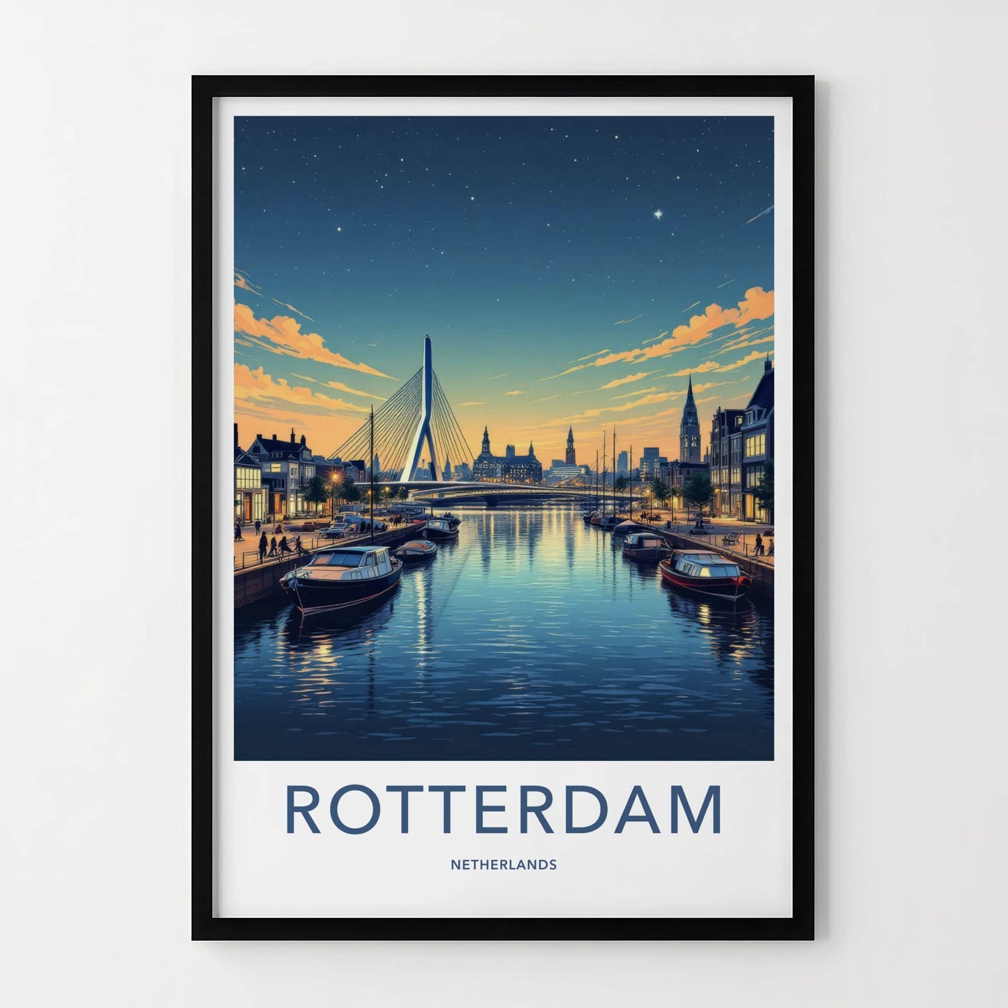 Rotterdam Poster - Netherlands Travel Art - Illuminated City Bridge Home Decor