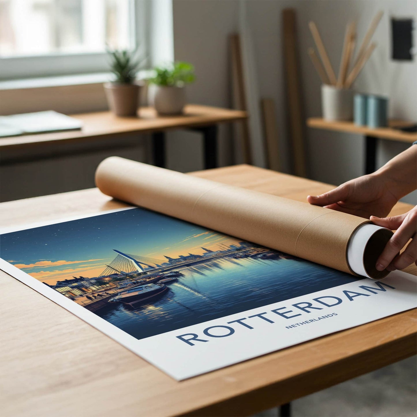 Rotterdam Poster - Netherlands Travel Art - Illuminated City Bridge Home Decor