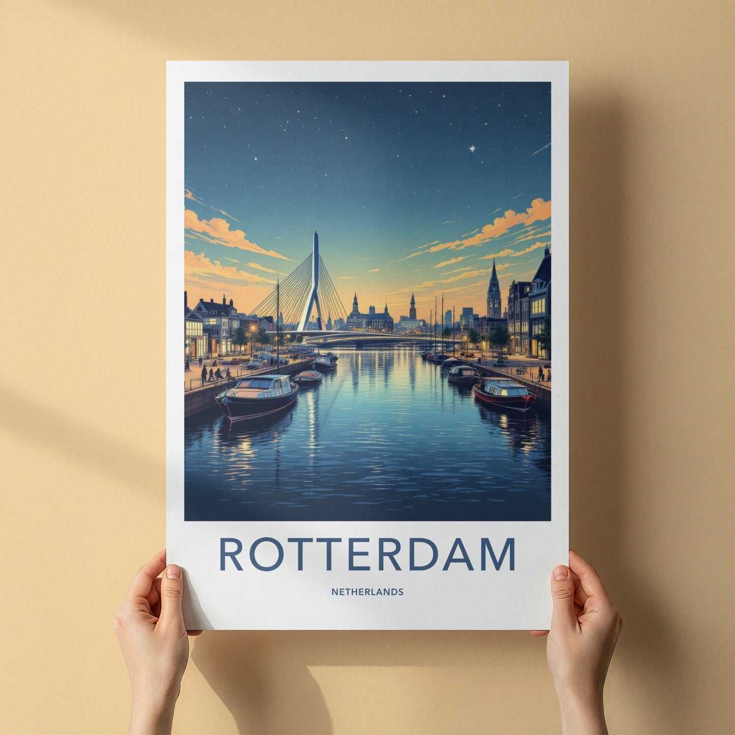 Rotterdam Poster - Netherlands Travel Art - Illuminated City Bridge Home Decor
