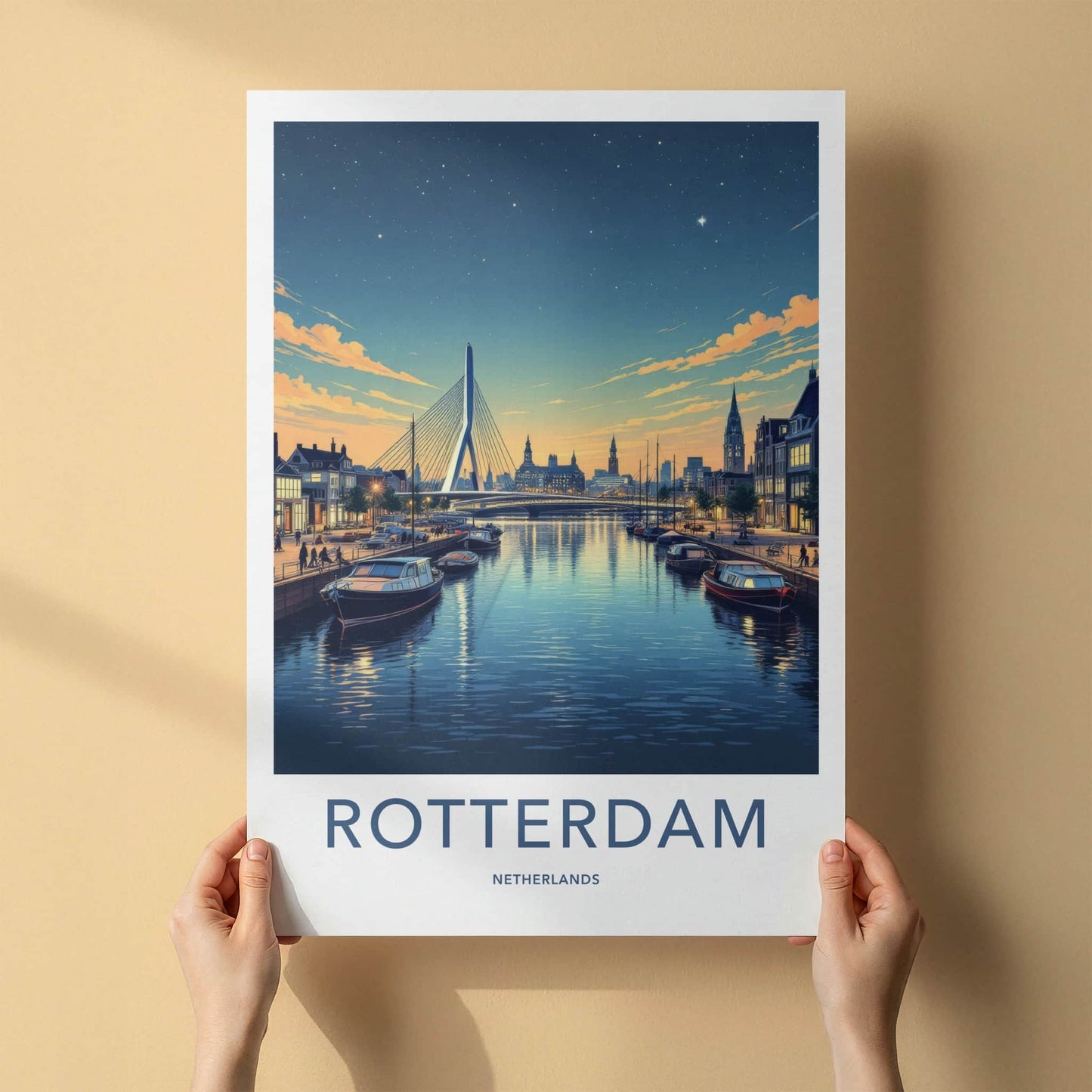 Rotterdam Poster - Netherlands Travel Art - Illuminated City Bridge Home Decor