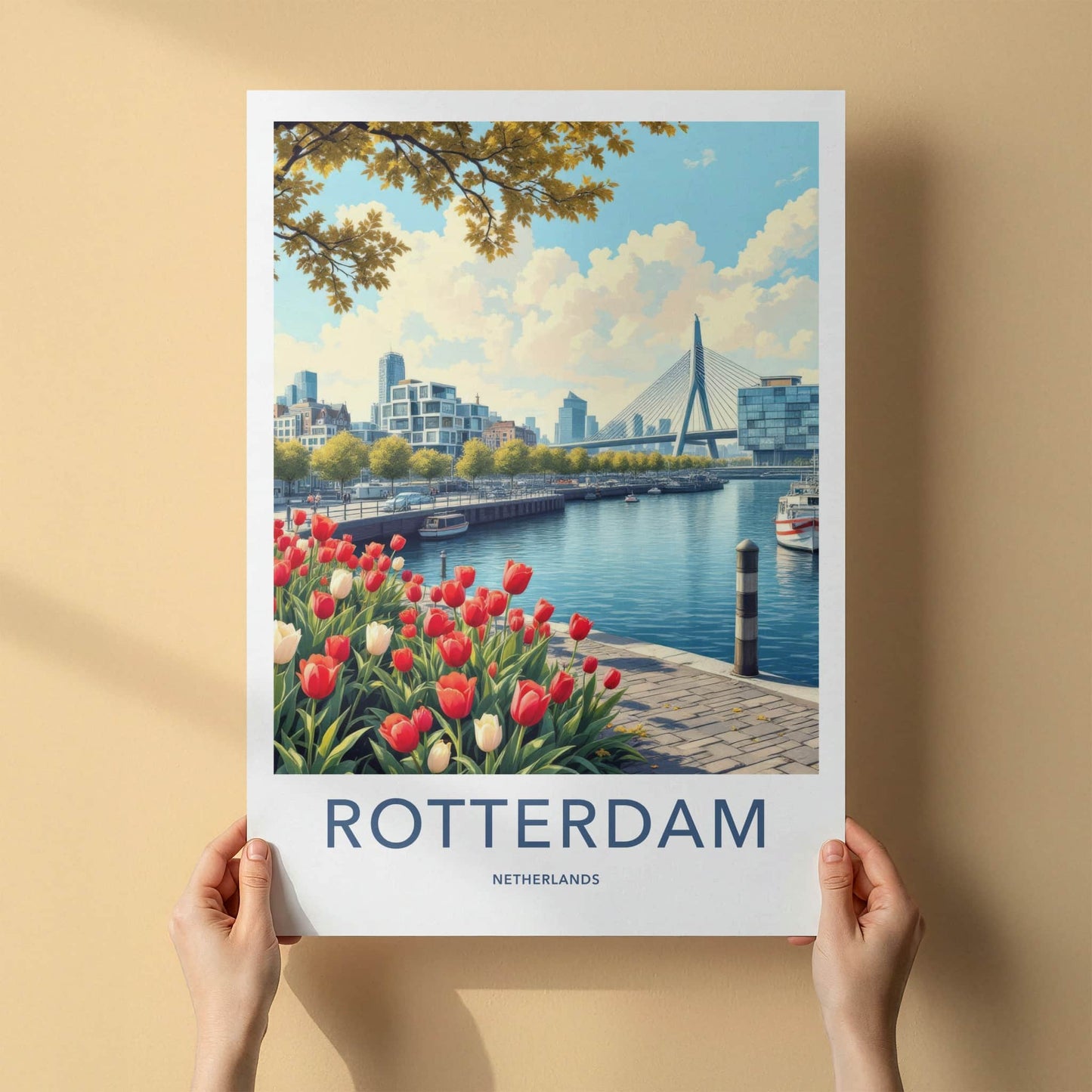 Rotterdam Poster - Netherlands Travel Art - Modern City Tulips Wall Decor