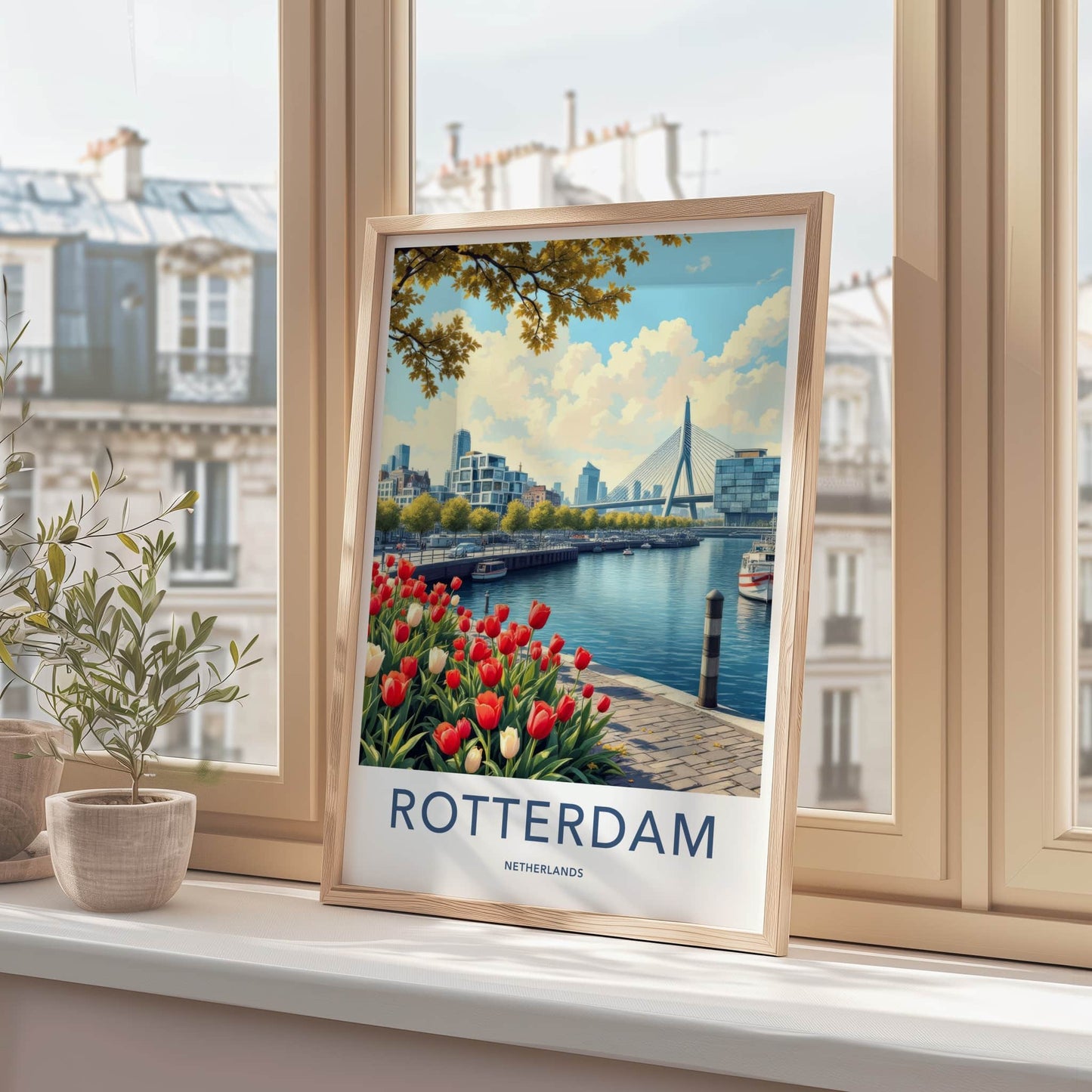 Rotterdam Poster - Netherlands Travel Art - Modern City Tulips Wall Decor