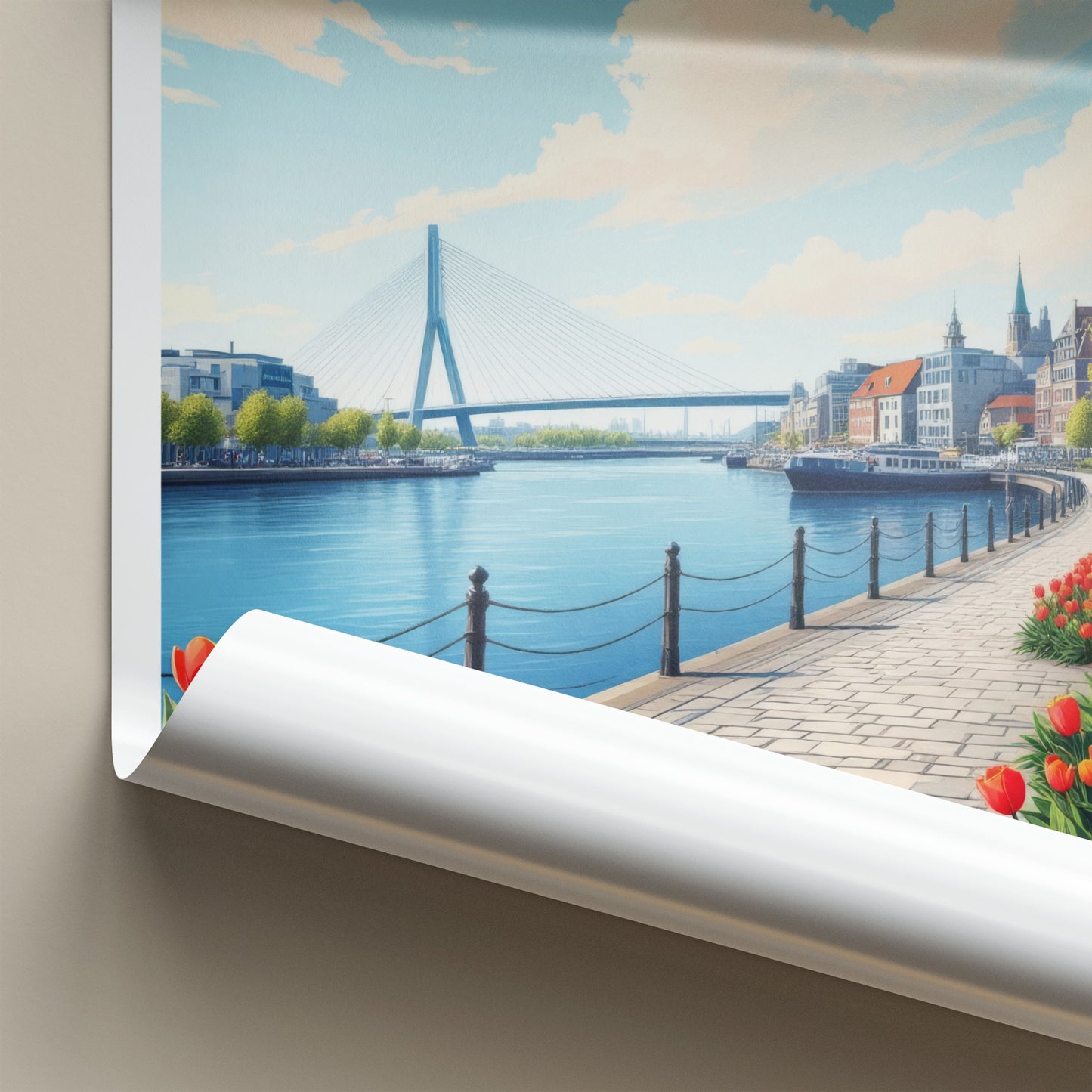 Rotterdam Poster - Netherlands Travel Print - River Bridge Tulips Home Decor