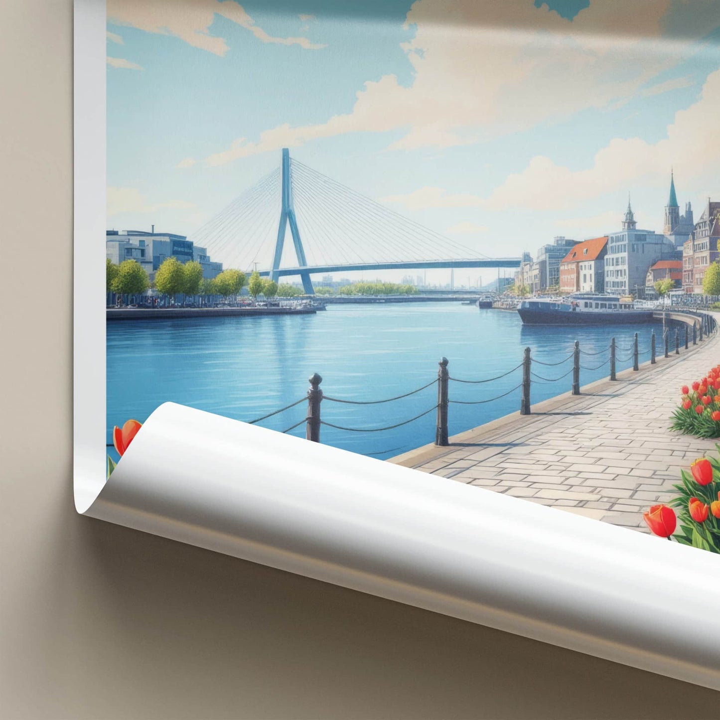 Rotterdam Poster - Netherlands Travel Print - River Bridge Tulips Home Decor