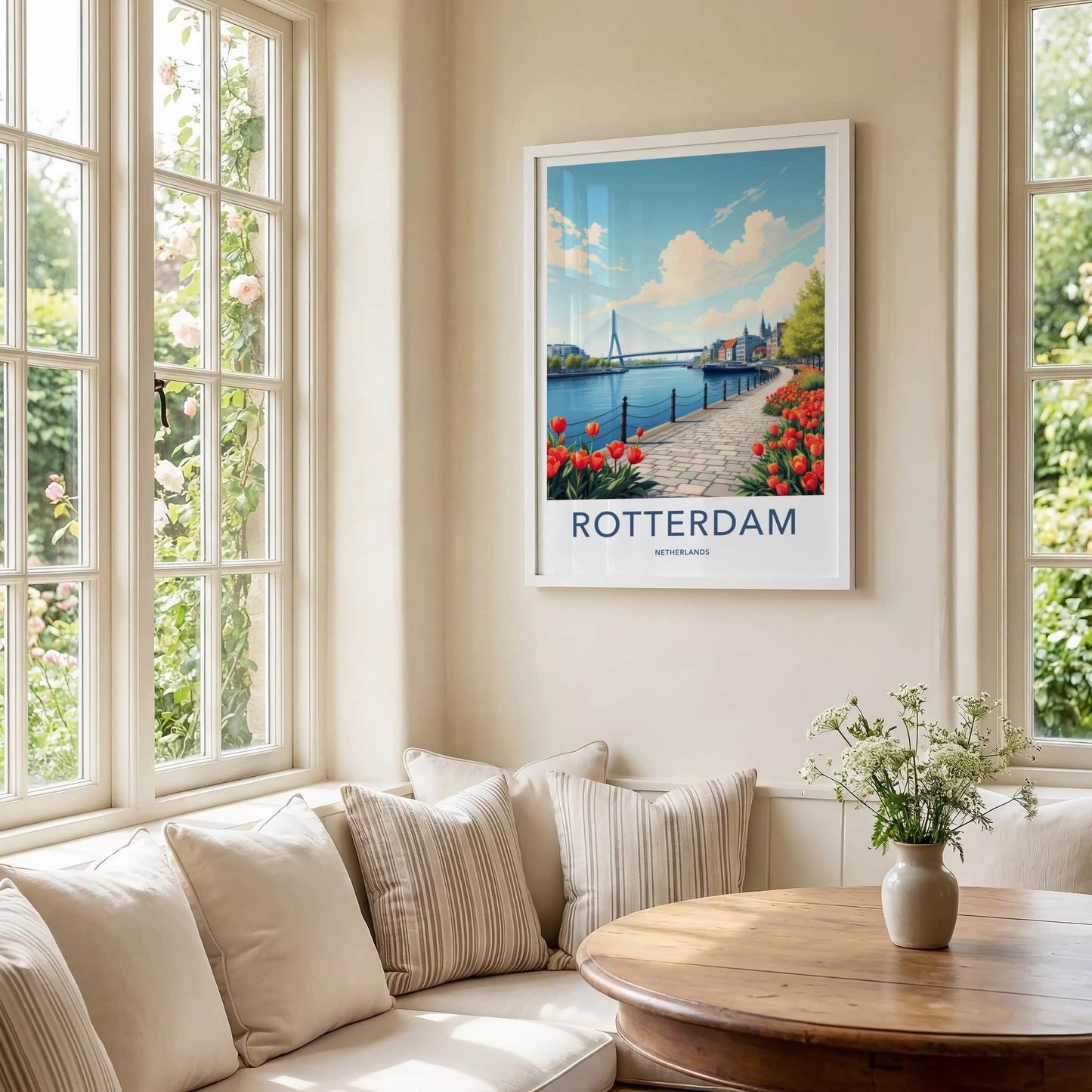 Rotterdam Poster - Netherlands Travel Print - River Bridge Tulips Home Decor