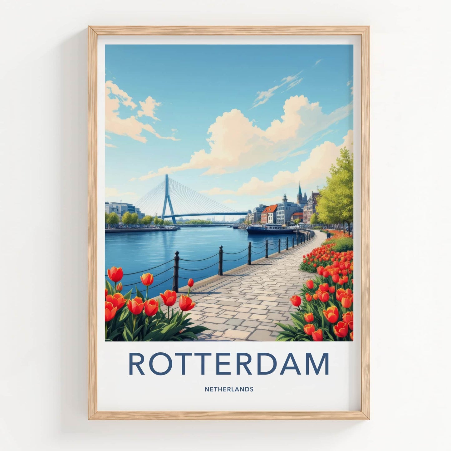 Rotterdam Poster - Netherlands Travel Print - River Bridge Tulips Home Decor