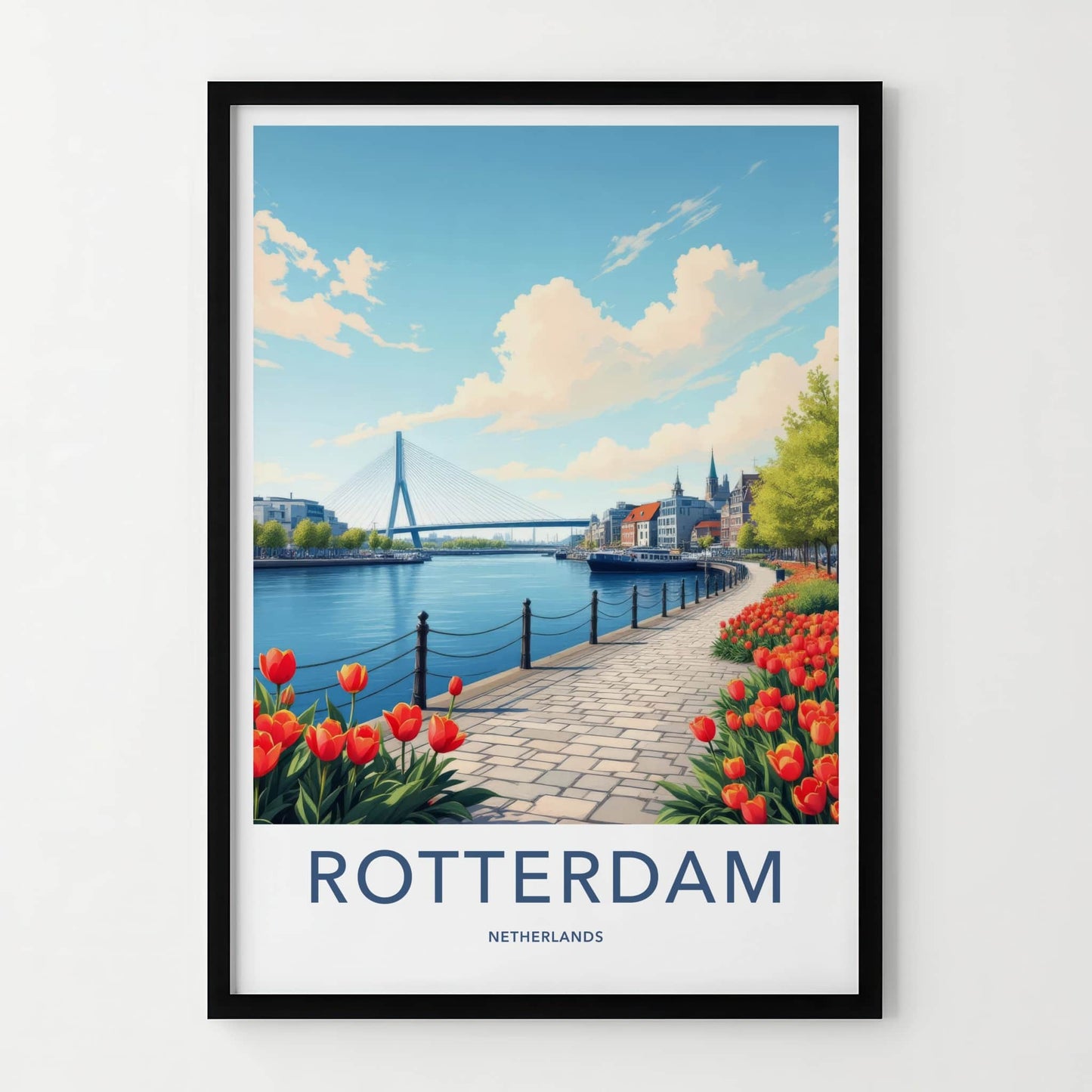 Rotterdam Poster - Netherlands Travel Print - River Bridge Tulips Home Decor