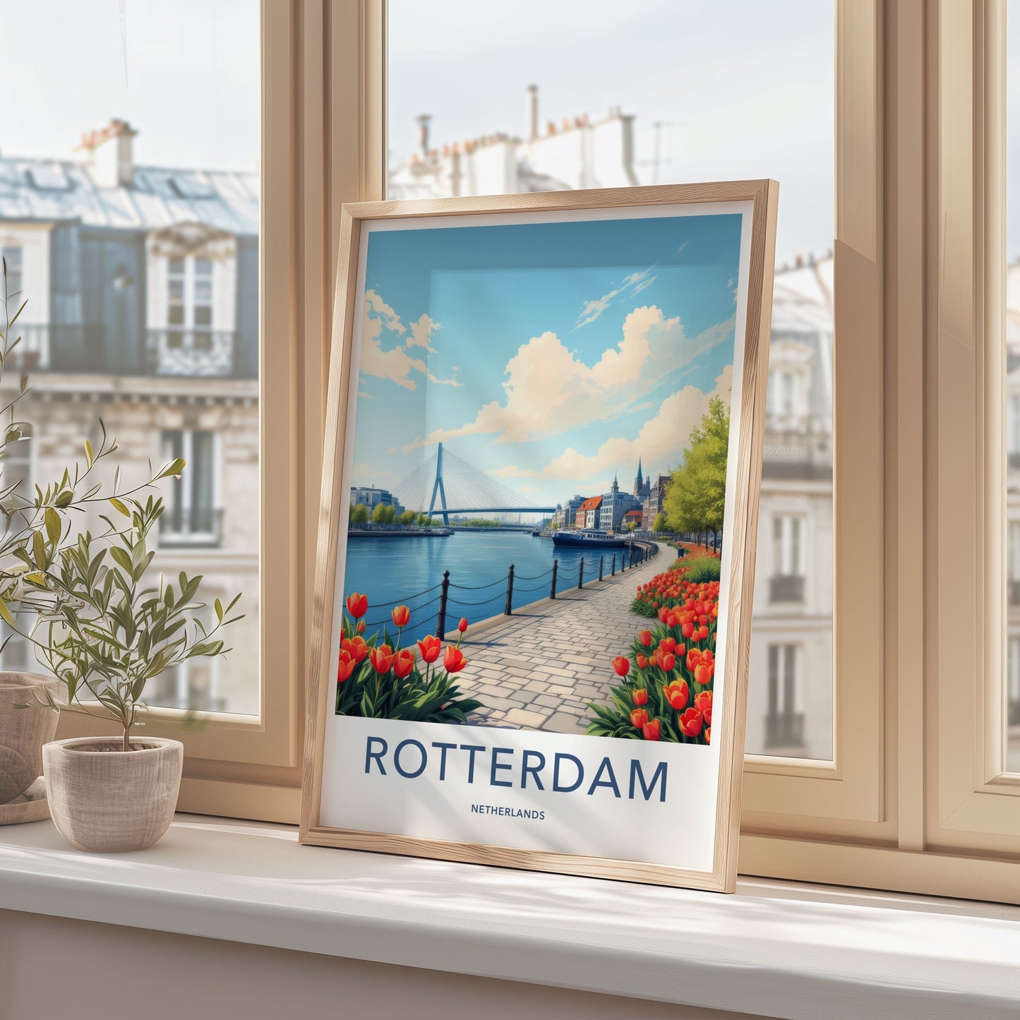 Rotterdam Poster - Netherlands Travel Print - River Bridge Tulips Home Decor