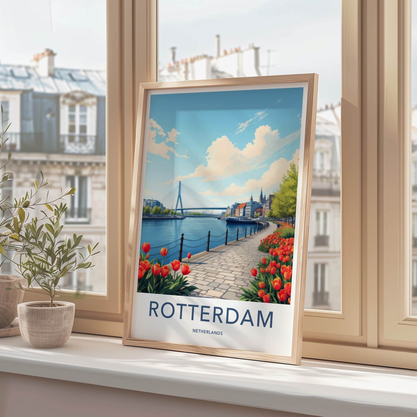 Rotterdam Poster - Netherlands Travel Print - River Bridge Tulips Home Decor