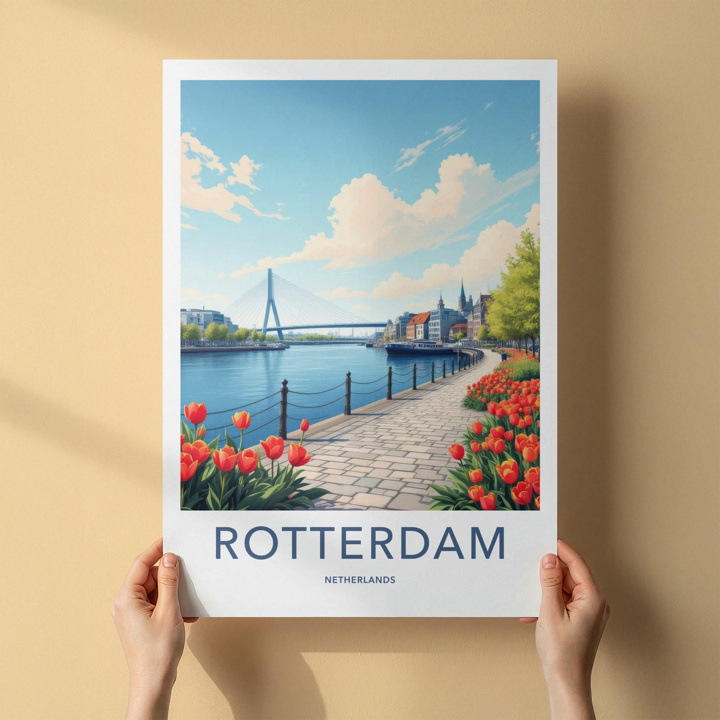Rotterdam Poster - Netherlands Travel Print - River Bridge Tulips Home Decor