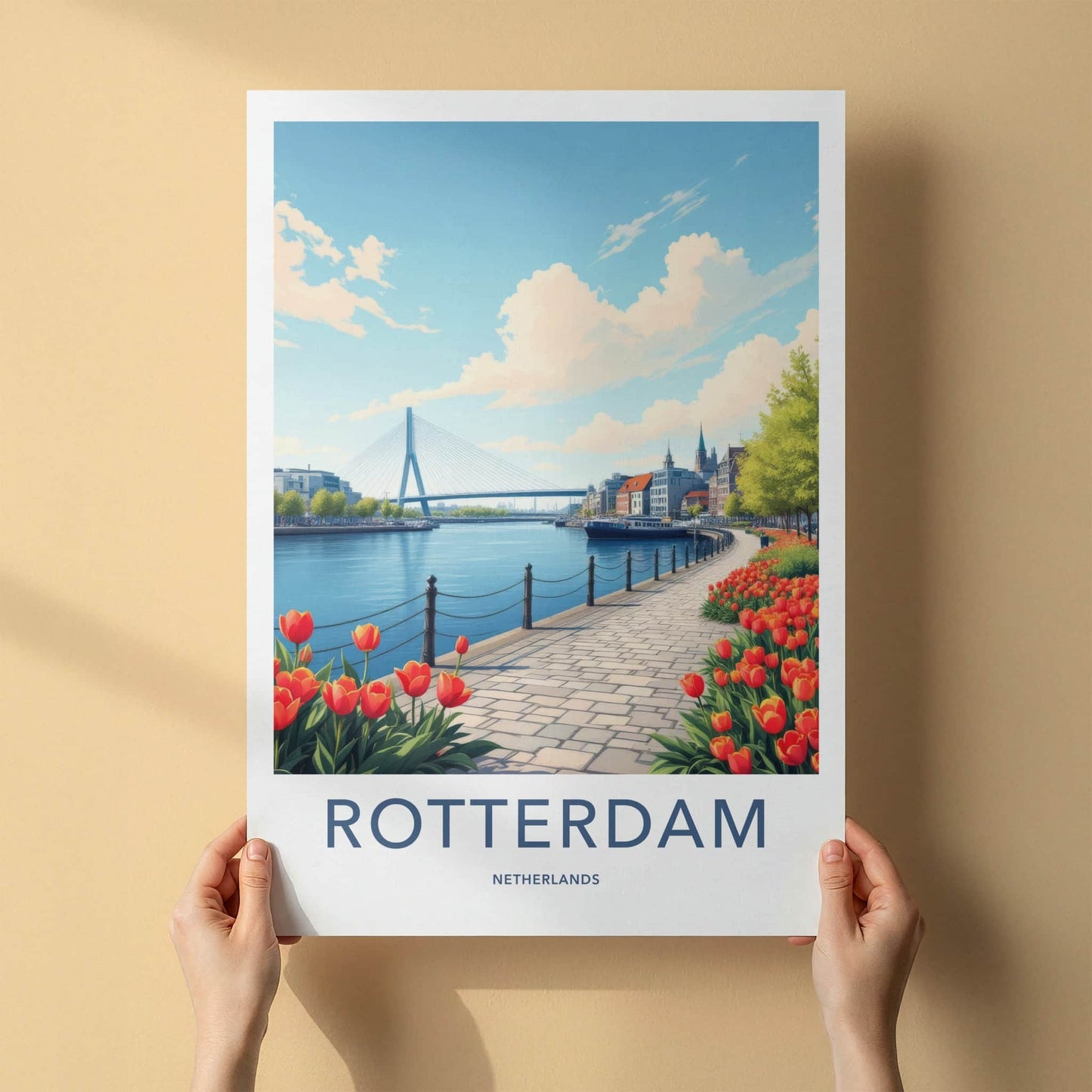 Rotterdam Poster - Netherlands Travel Print - River Bridge Tulips Home Decor
