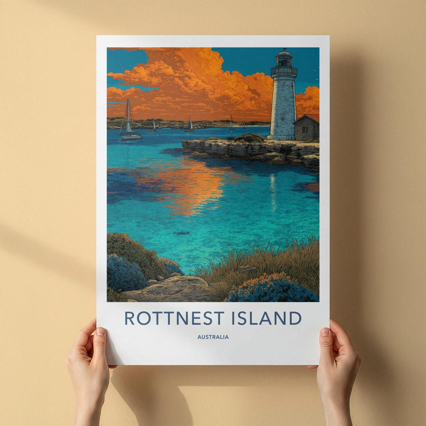 Rottnest Island Poster - Australia Travel Art - Orange Sky Lighthouse Home Decor