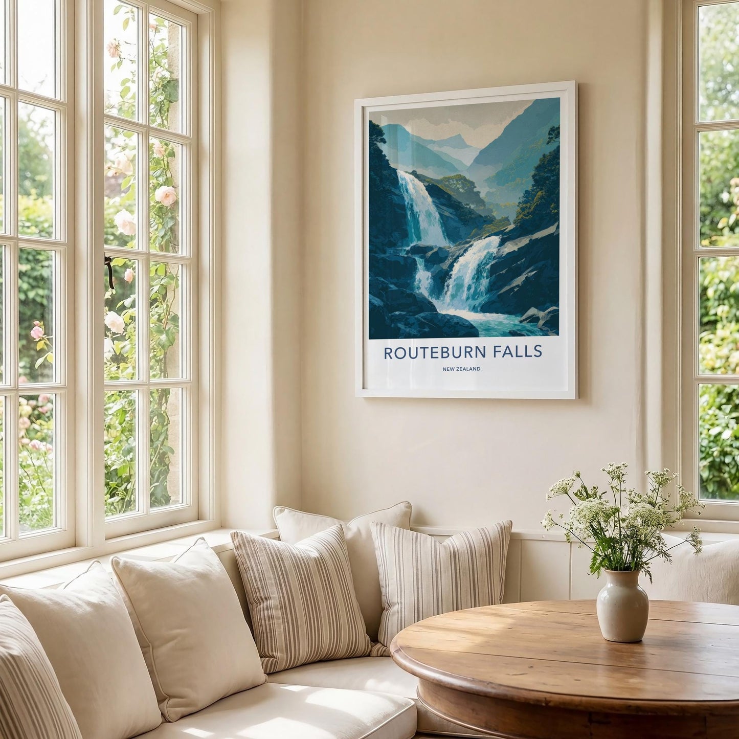Routeburn Falls Poster - New Zealand Travel Art - Cascading Mountain Falls Home Decor