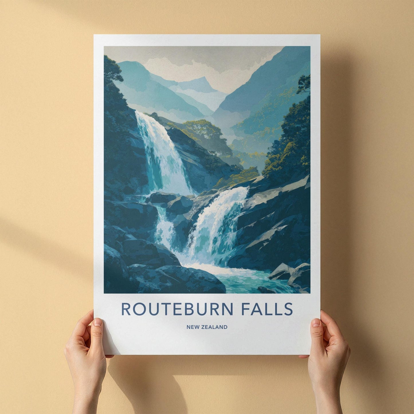 Routeburn Falls Poster - New Zealand Travel Art - Cascading Mountain Falls Home Decor