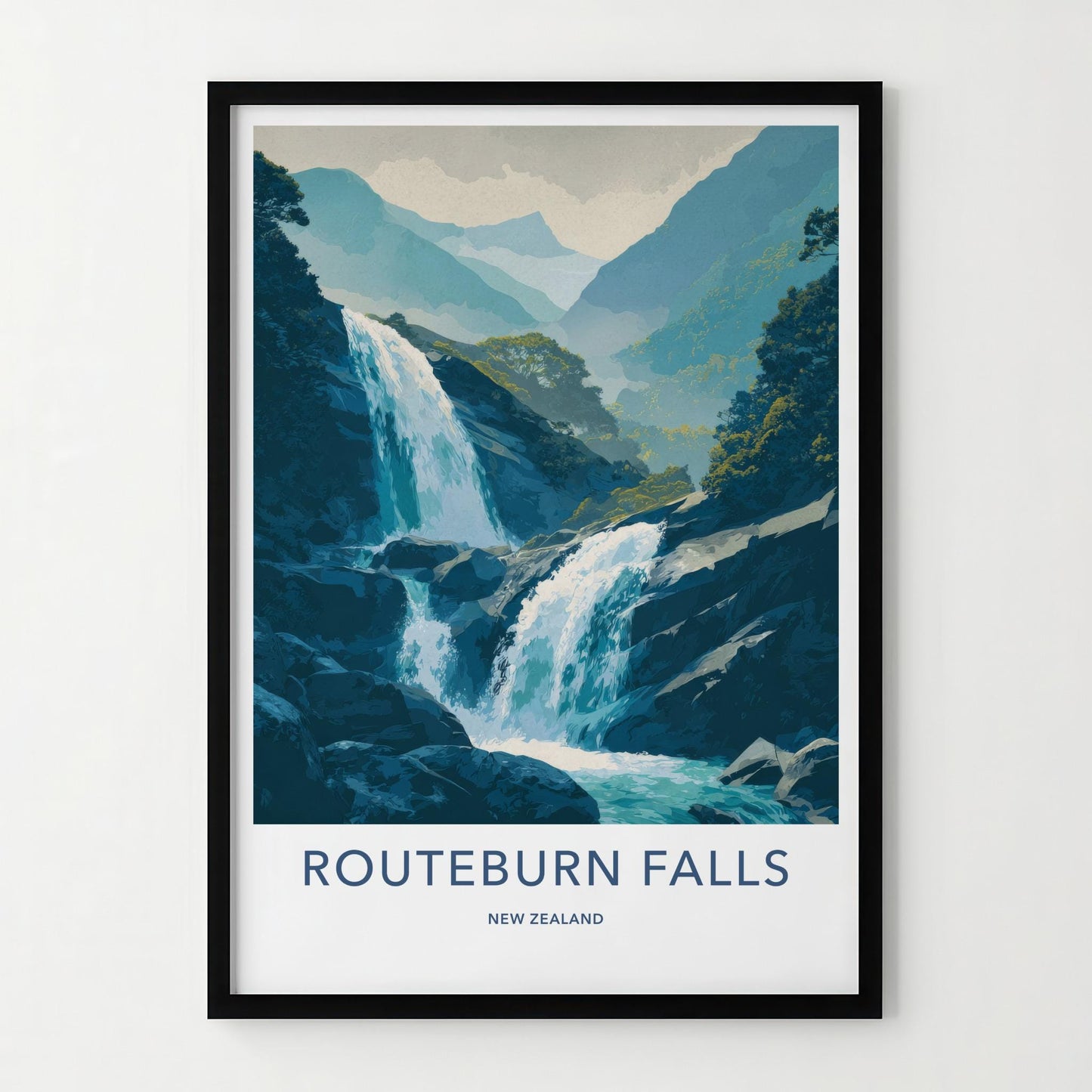 Routeburn Falls Poster - New Zealand Travel Art - Cascading Mountain Falls Home Decor