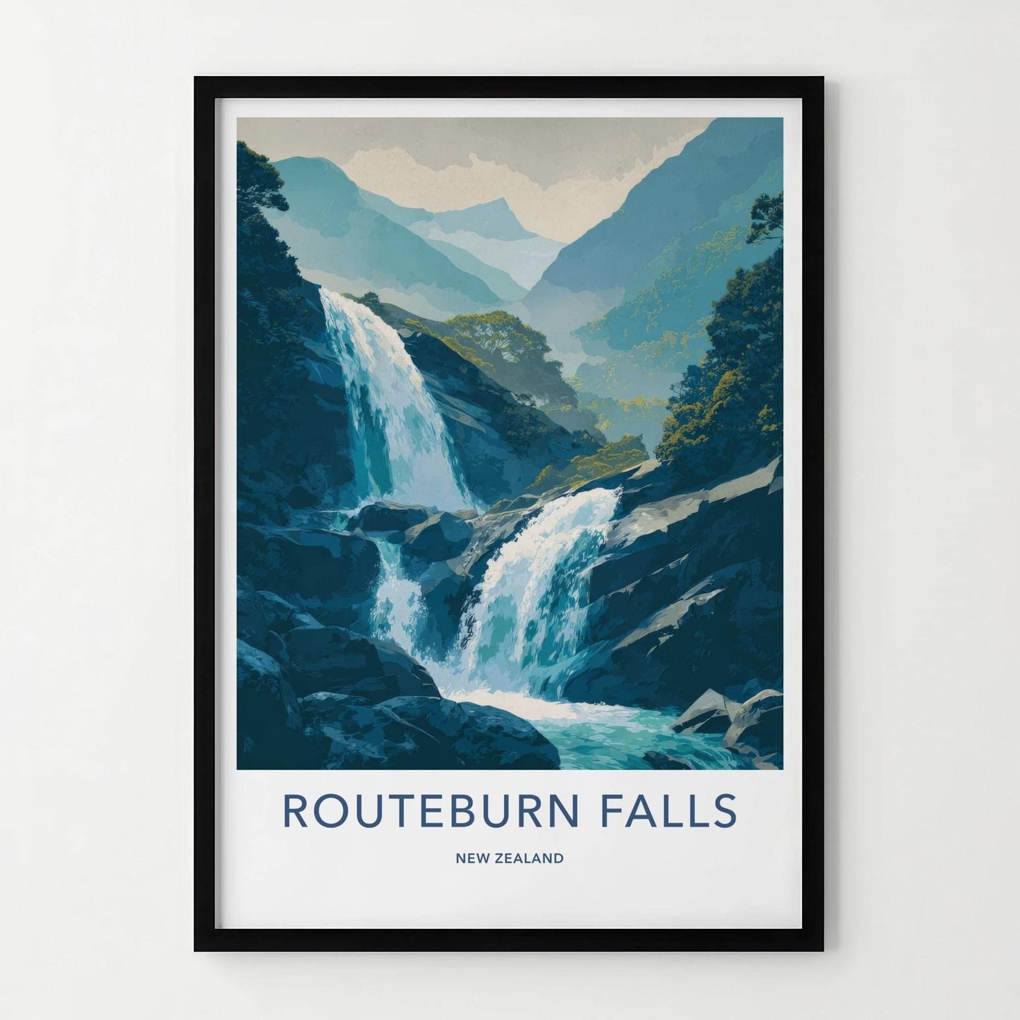 Routeburn Falls Poster - New Zealand Travel Art - Cascading Mountain Falls Home Decor