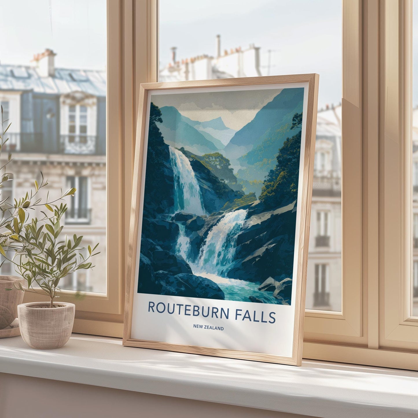 Routeburn Falls Poster - New Zealand Travel Art - Cascading Mountain Falls Home Decor