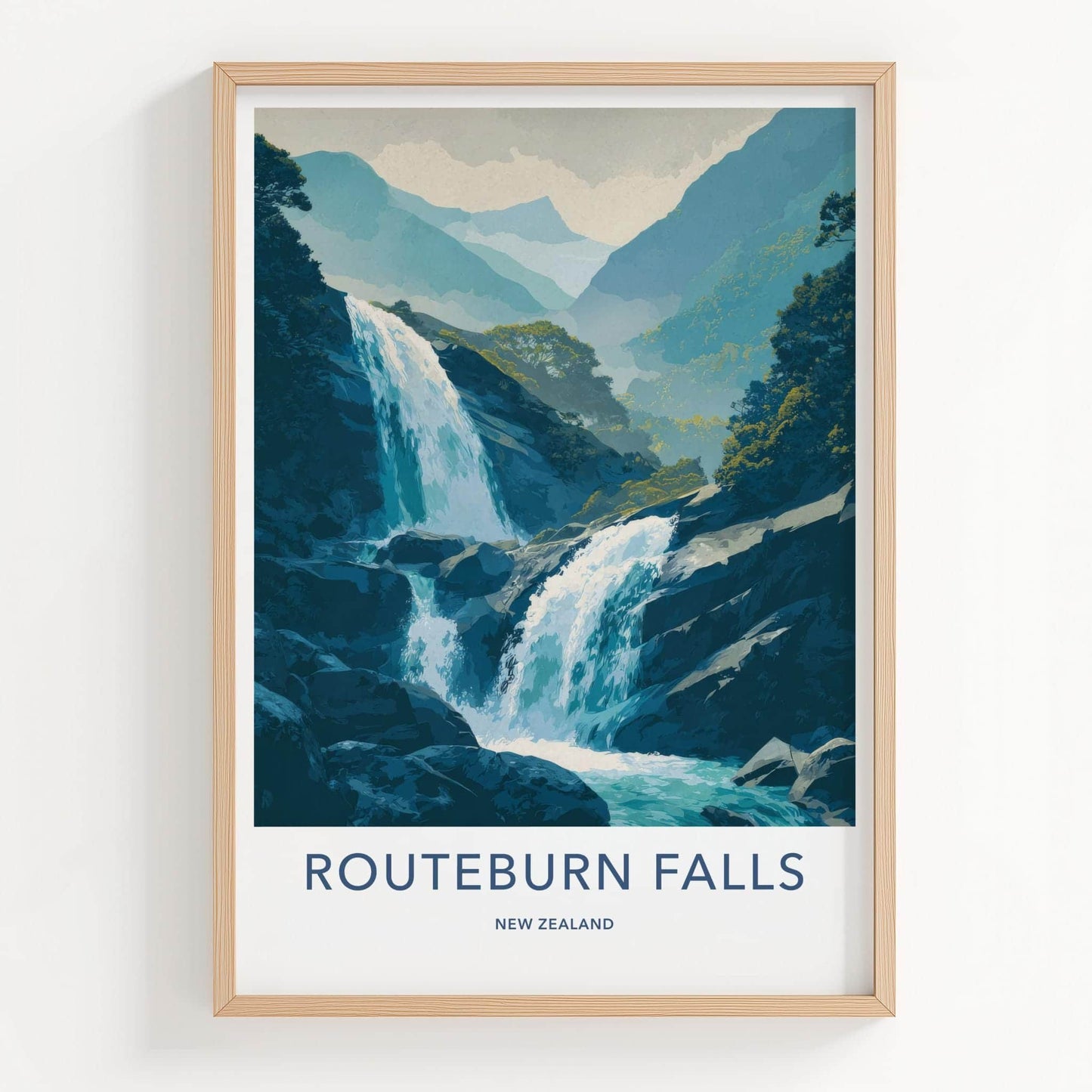 Routeburn Falls Poster - New Zealand Travel Art - Cascading Mountain Falls Home Decor