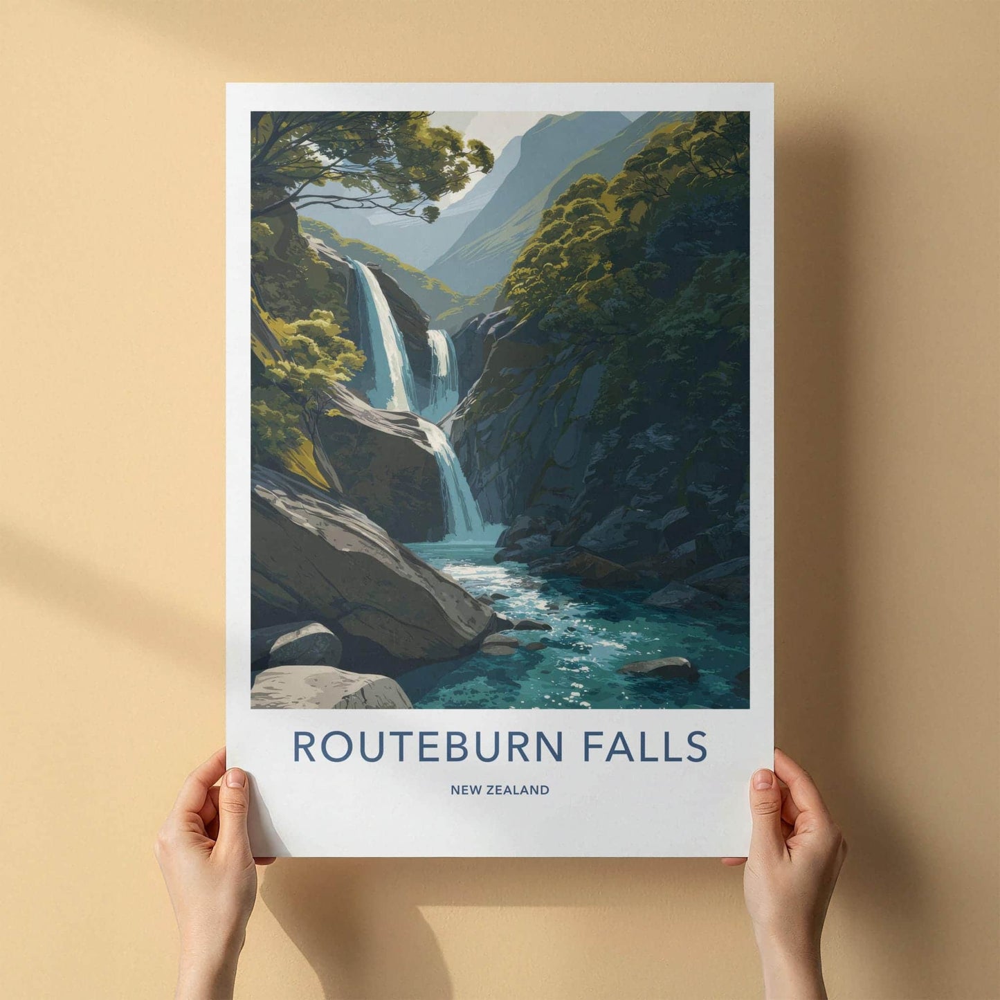 Routeburn Falls Poster - New Zealand Travel Art - Lush Mountain Waterfall Home Decor