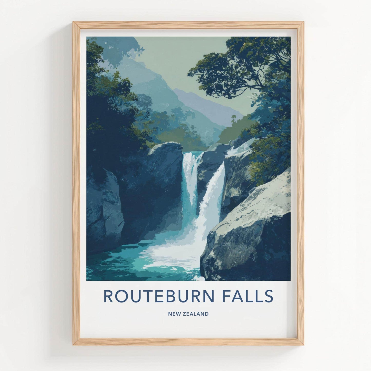 Routeburn Falls Poster - New Zealand Travel Art - Majestic Falls Scene Wall Decor