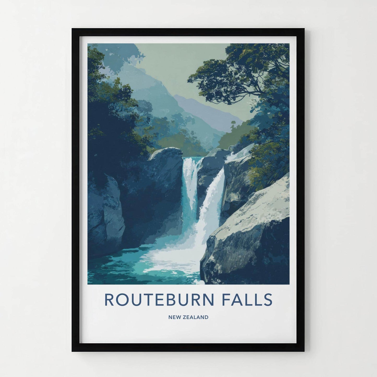 Routeburn Falls Poster - New Zealand Travel Art - Majestic Falls Scene Wall Decor