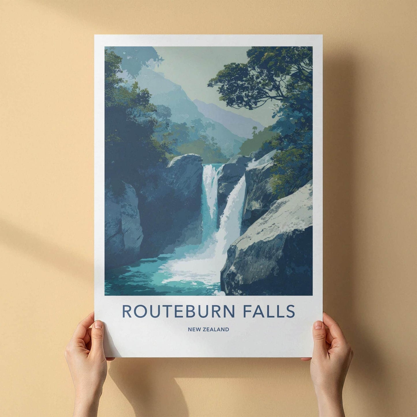 Routeburn Falls Poster - New Zealand Travel Art - Majestic Falls Scene Wall Decor