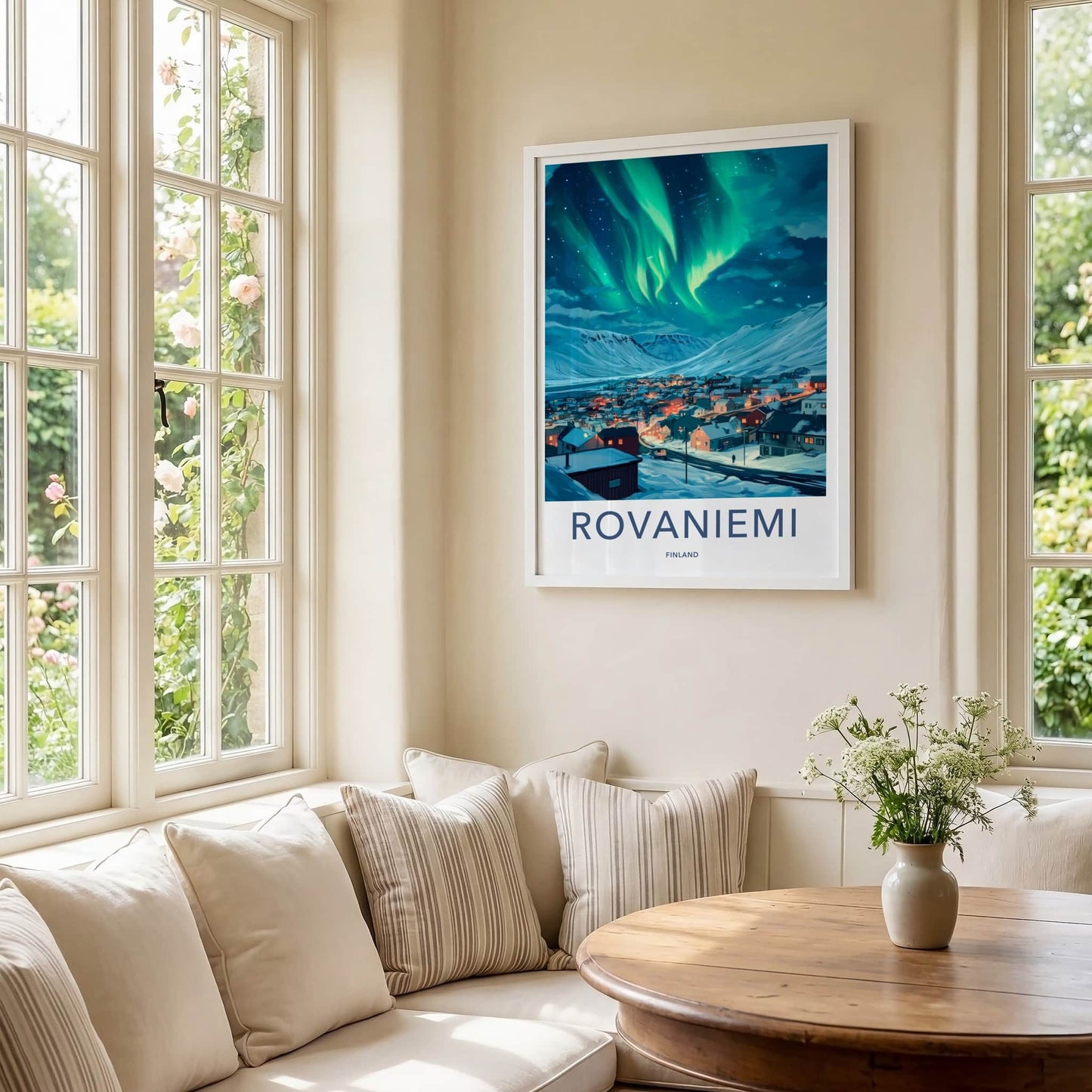 Rovaniemi Poster - Finland Travel Art - Village Northern Lights Wall Decor