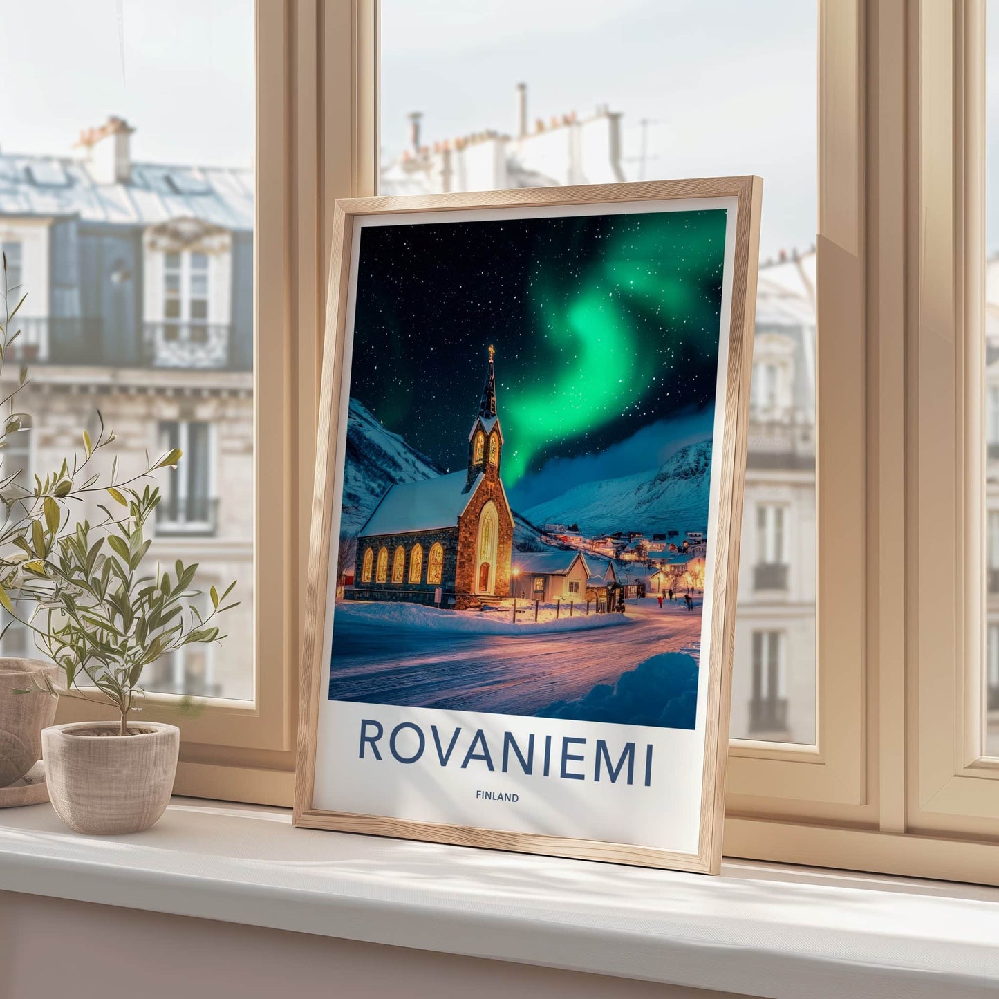 Rovaniemi Poster - Finland Travel Art - Winter Church Aurora Home Decor