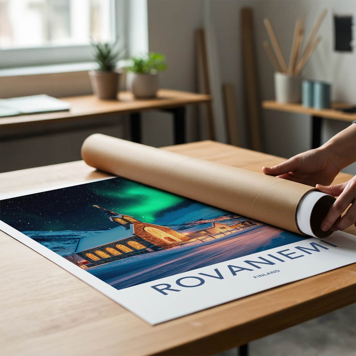 Rovaniemi Poster - Finland Travel Art - Winter Church Aurora Home Decor