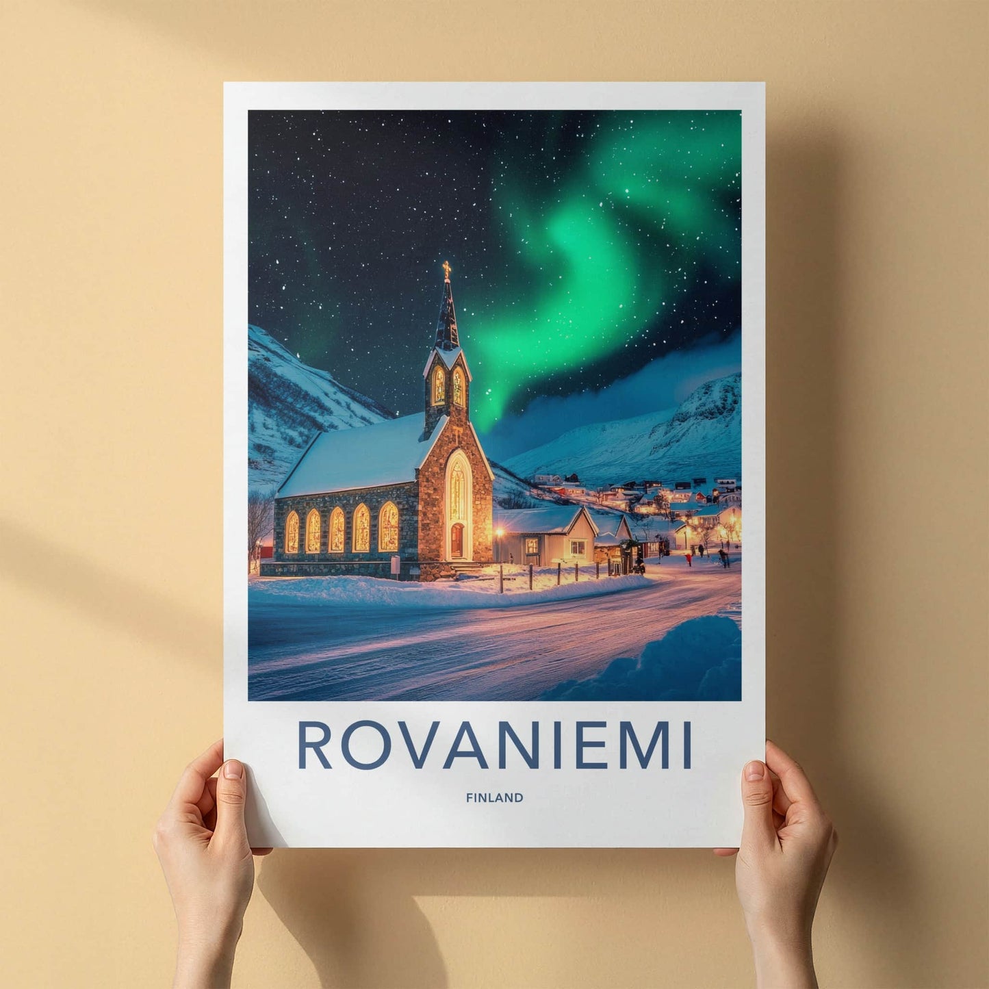 Rovaniemi Poster - Finland Travel Art - Winter Church Aurora Home Decor