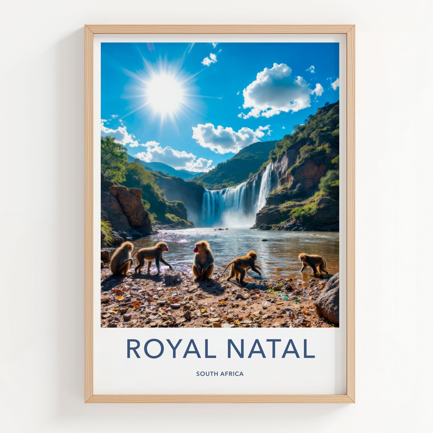 Royal Natal Poster - South Africa Travel Art - Sunny Waterfall Baboons Home Decor
