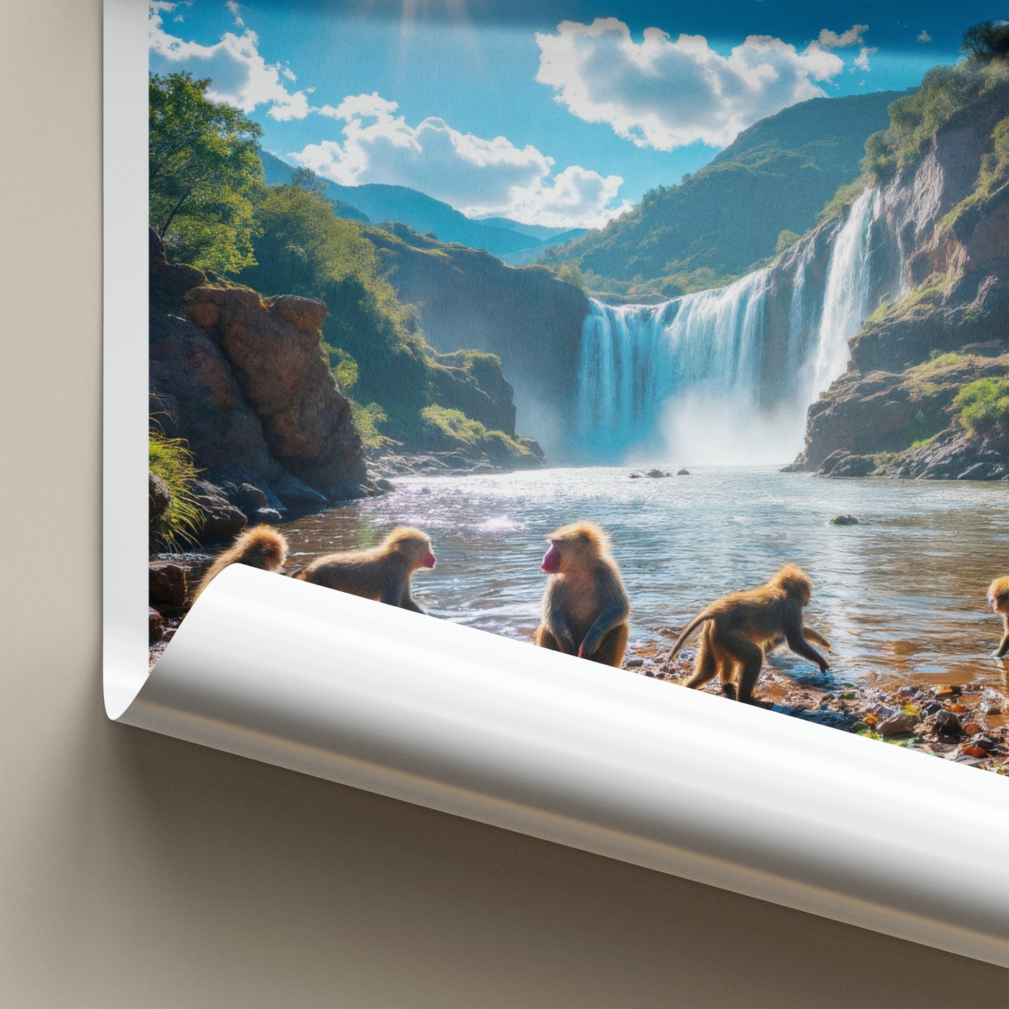 Royal Natal Poster - South Africa Travel Art - Sunny Waterfall Baboons Home Decor