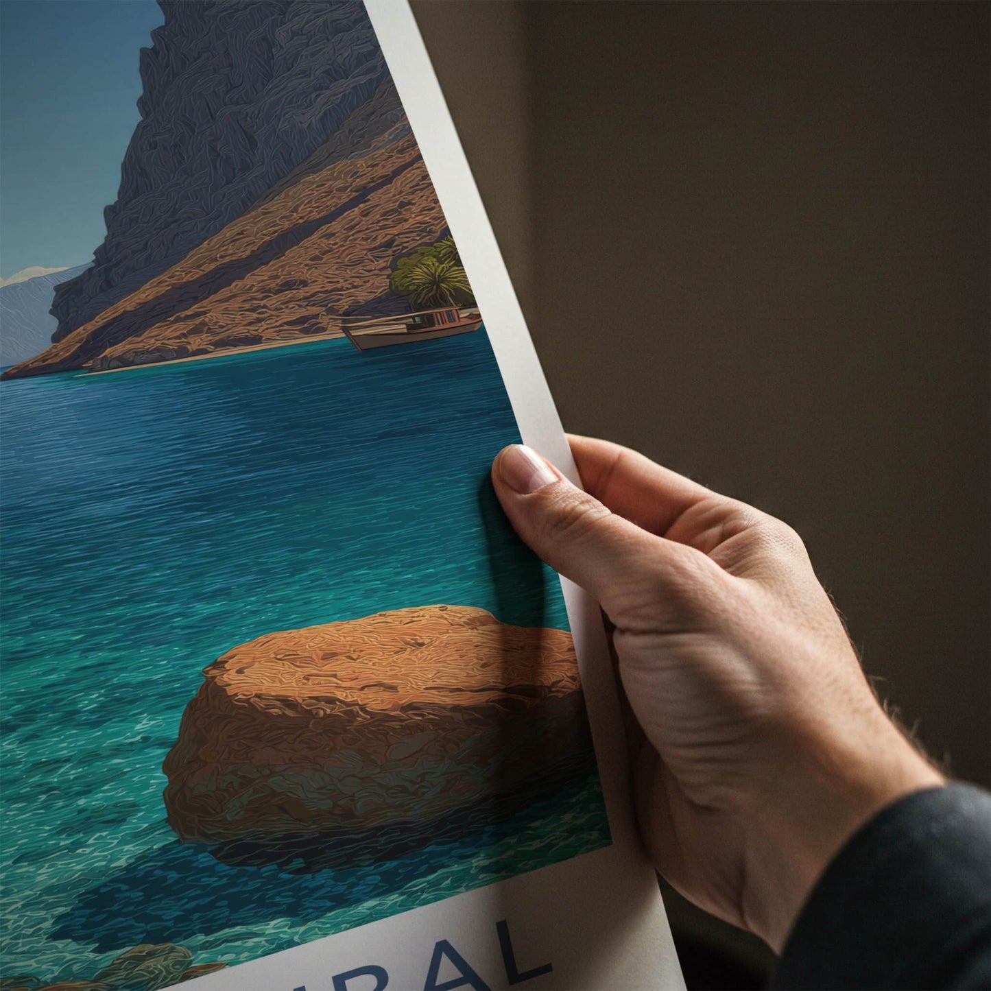 Ruus Al Jibal Poster - Oman Travel Print - Calm Ocean Boat Framed Decor