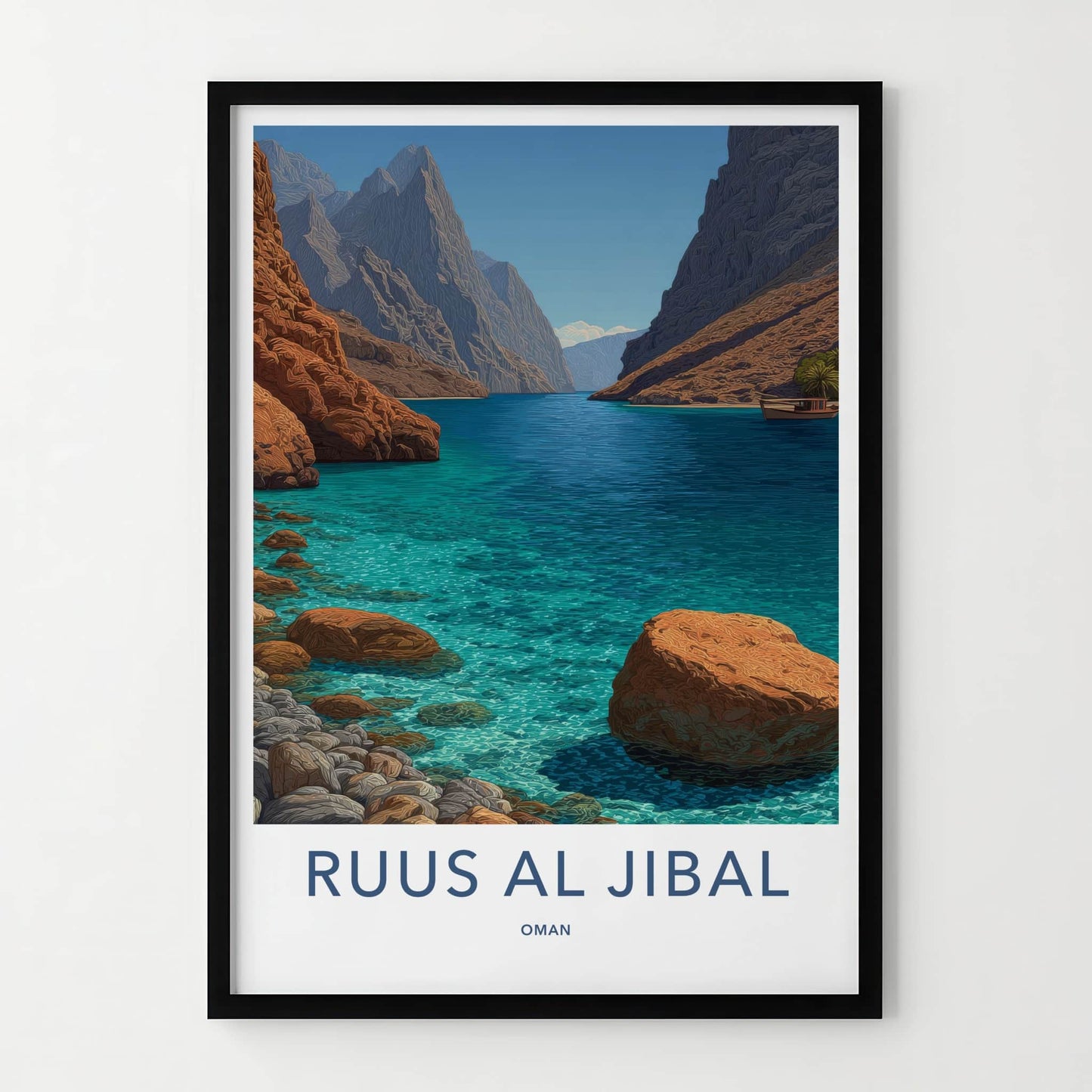 Ruus Al Jibal Poster - Oman Travel Print - Calm Ocean Boat Framed Decor