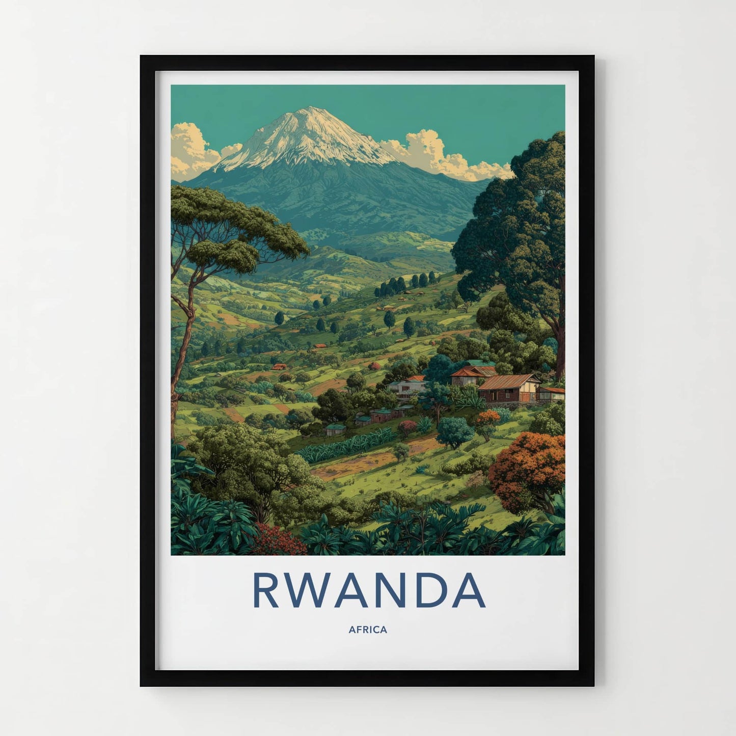 Rwanda Poster - Africa Travel Art - Lush Mountain Village Wall Decor