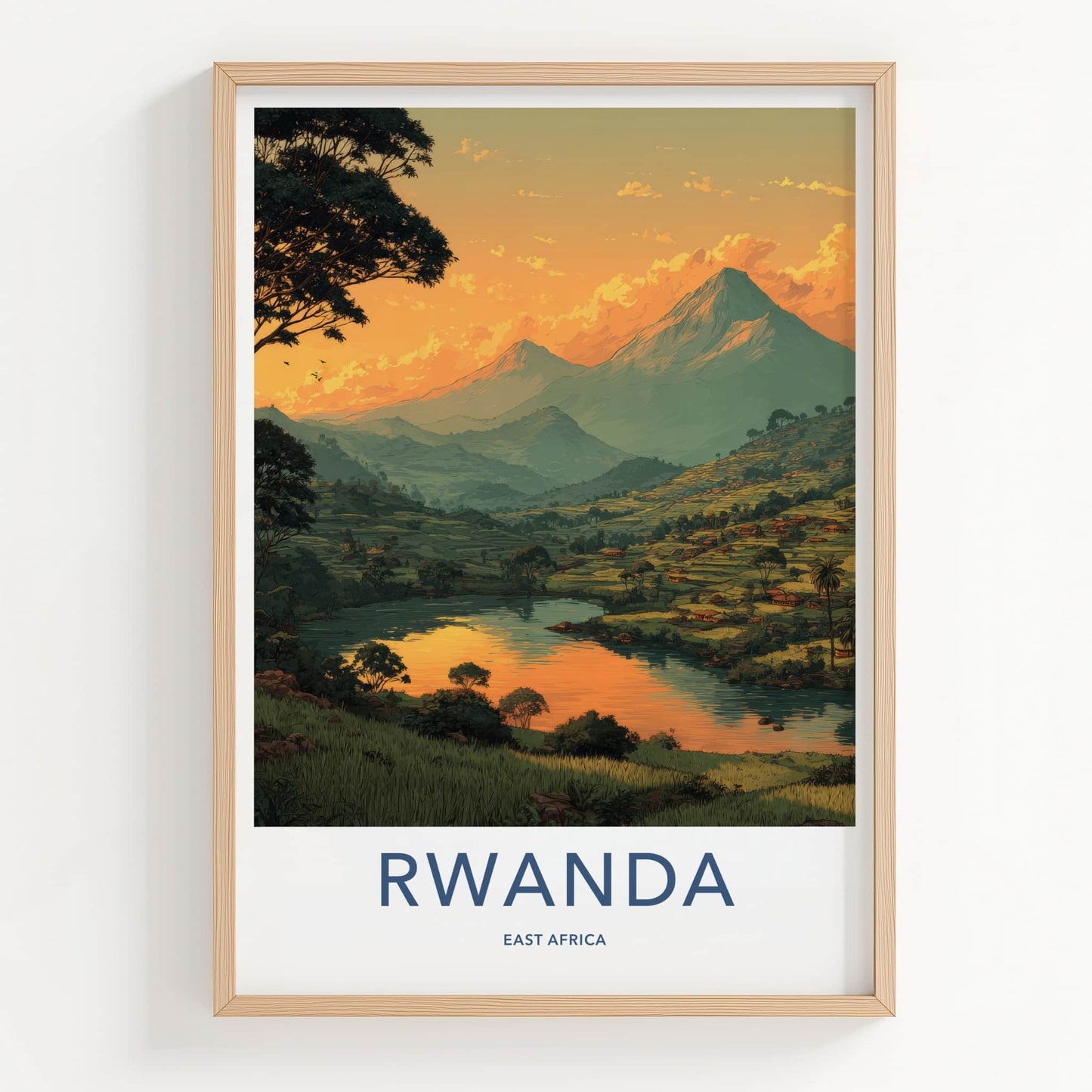 Rwanda Poster - Africa Travel Art - Sunset Mountain Lake Home Decor