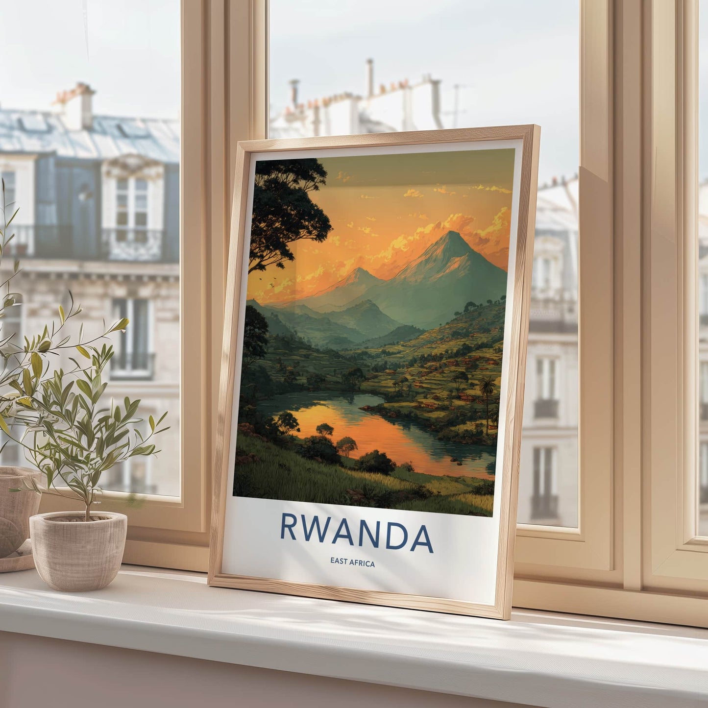 Rwanda Poster - Africa Travel Art - Sunset Mountain Lake Home Decor