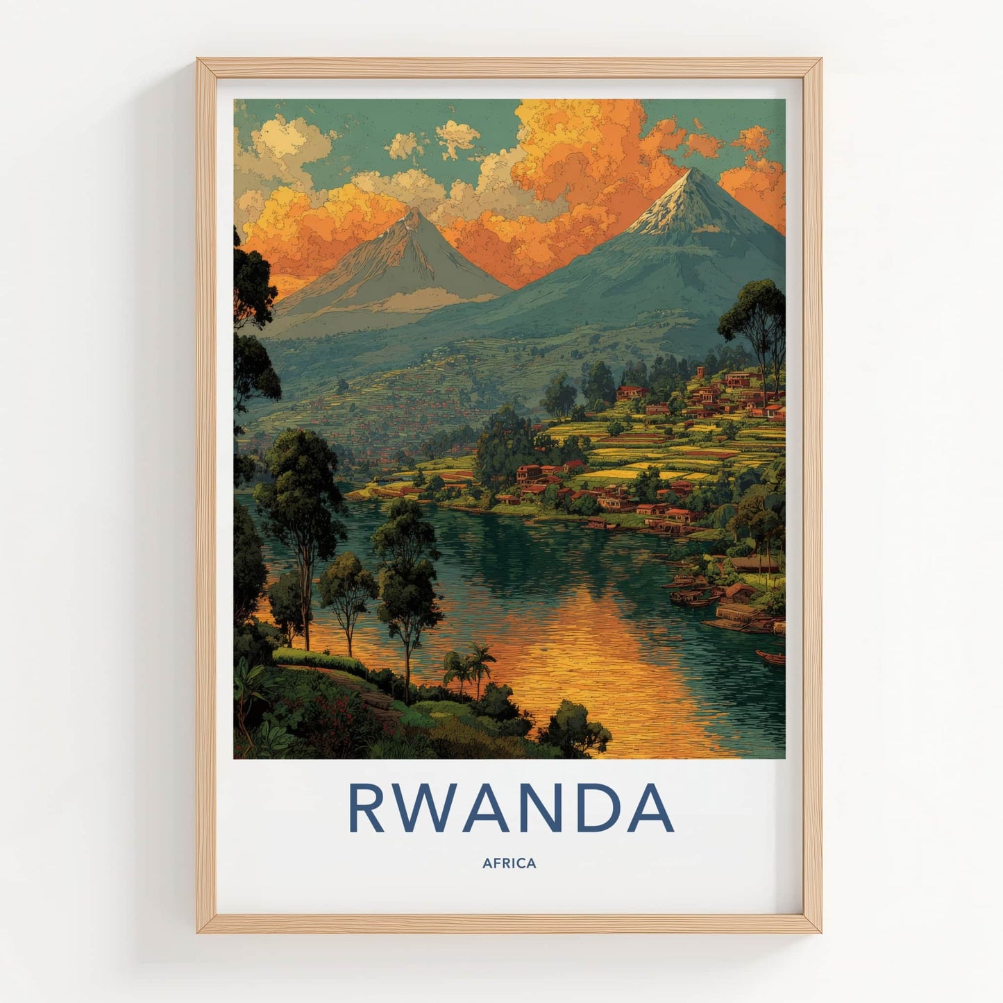 Rwanda Poster - Africa Travel Art - Volcano Lakeside Village Home Decor