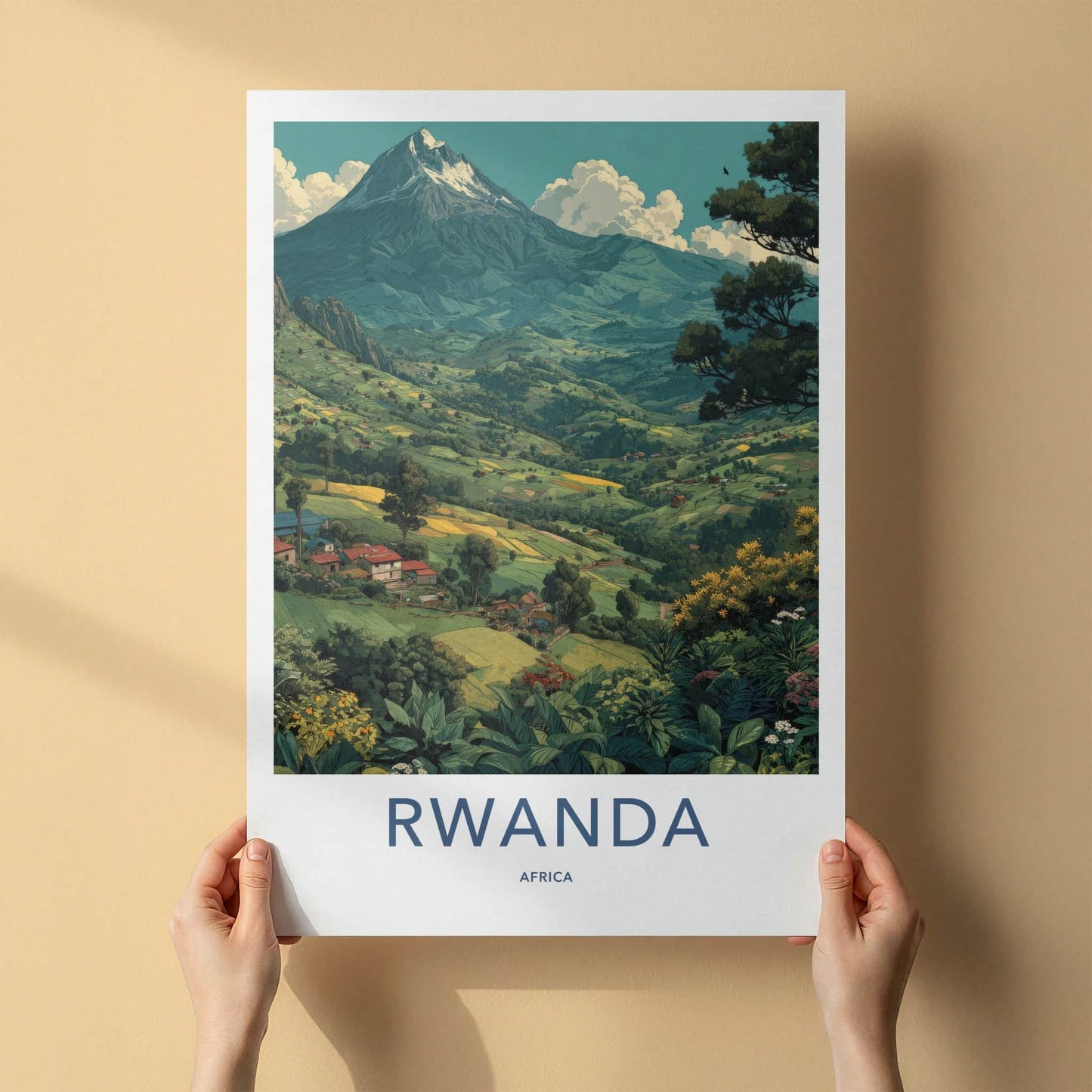 Rwanda Poster - Africa Travel Print - Volcanic Mountain Farms Lounge Decor