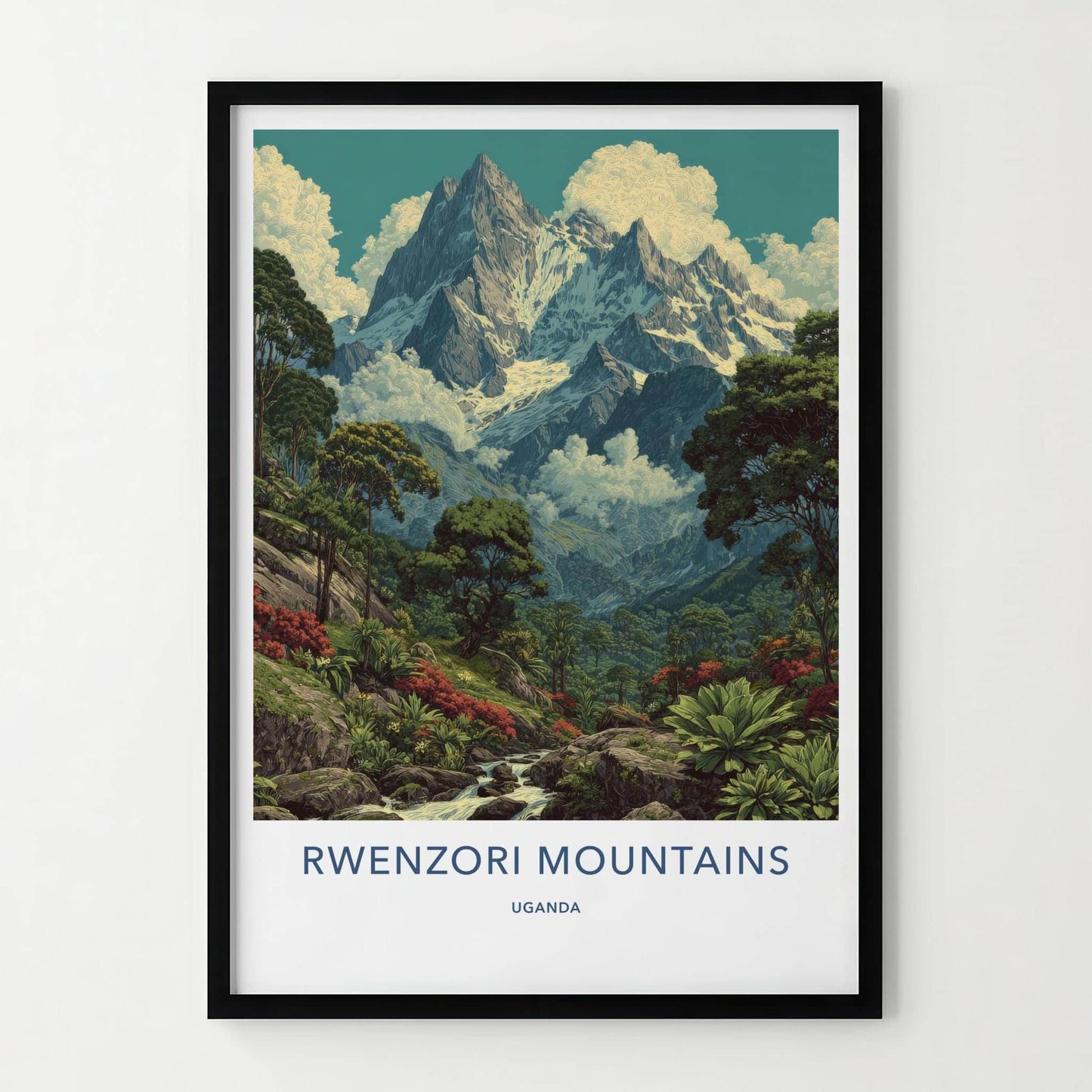 Rwenzori Mountains Poster - Uganda Travel Art - Mountainous Stream Valley Wall Decor