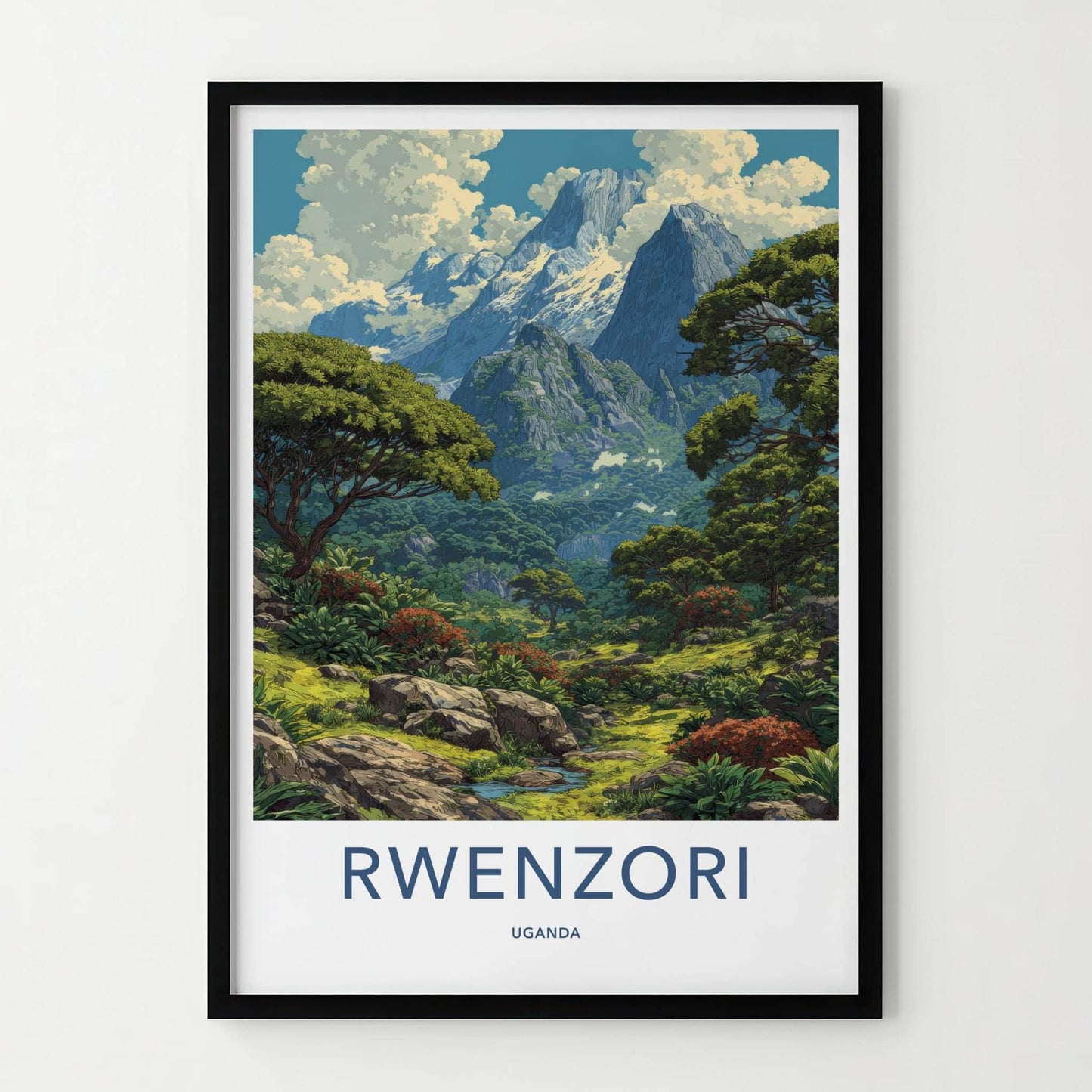 Rwenzori Poster - UGANDA Travel Art - Lush Mountain Valley Home Decor