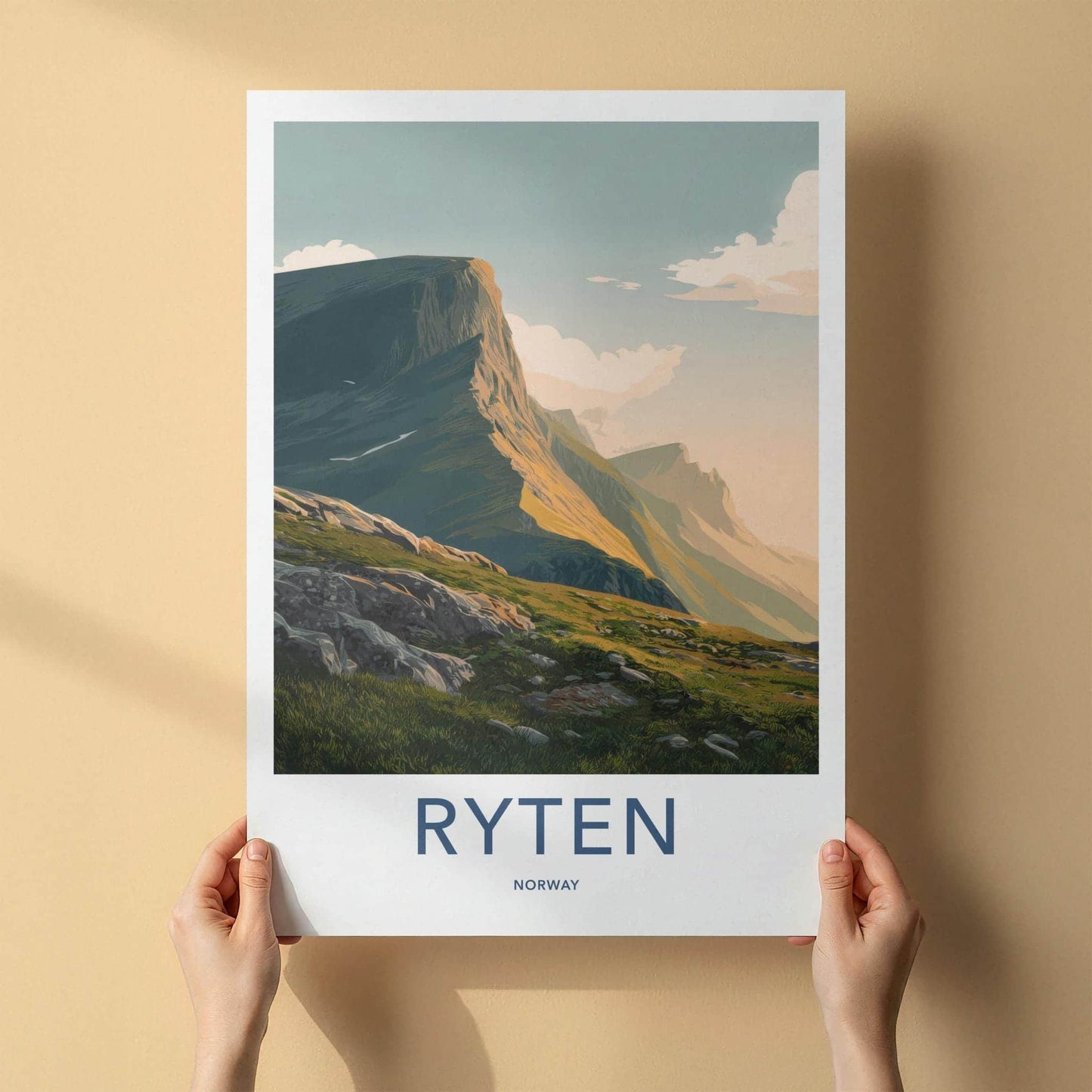 Ryten Poster - Norway Travel Art - Sunlit Mountain Cliff Home Decor
